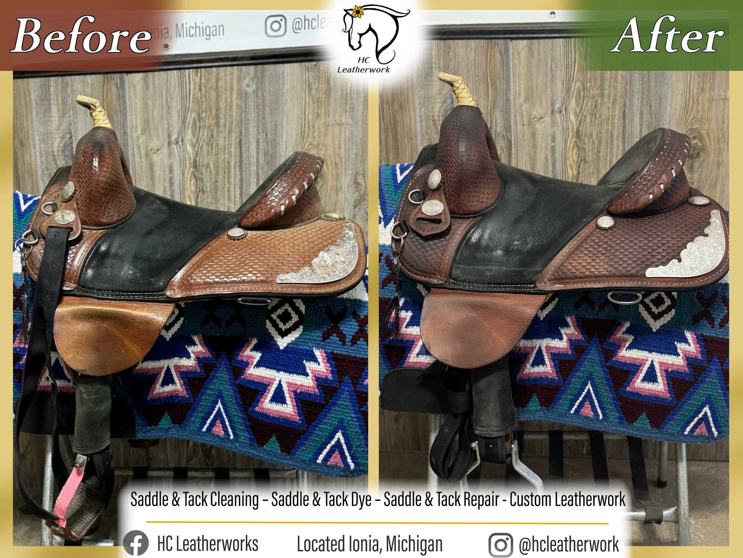 Before and after images of saddle leather restoration, showing the saddle's leather before cleaning, dyeing, and repairing, then after the work has been completed. The saddle is darkened and the leather appears renewed and repaired in the after image