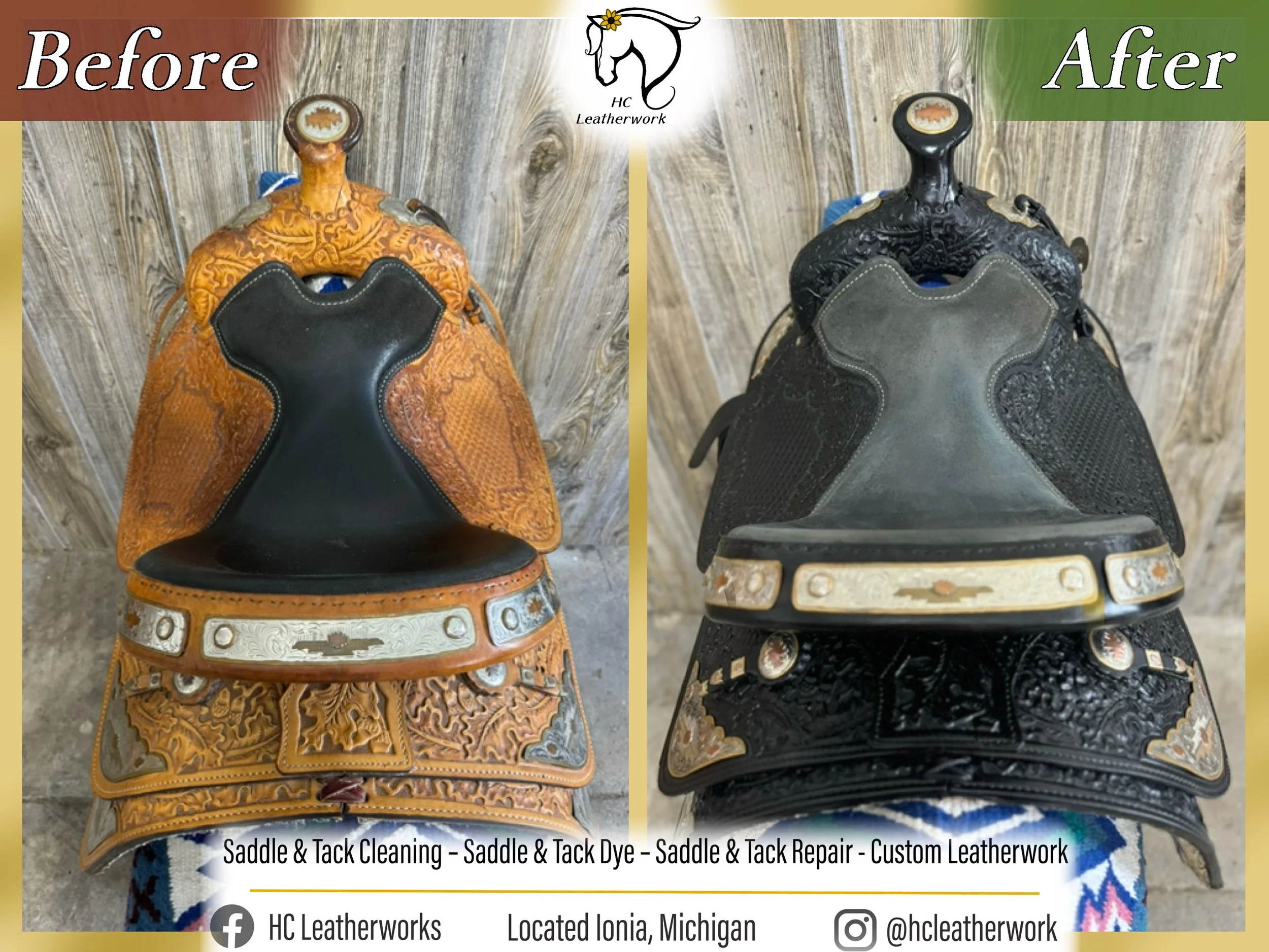 Side-by-side comparison of a cowboy boot before and after custom leatherwork. The left boot is brown with intricate tooling and a black leather panel on the toe, showing signs of dyeing and cleaning. The right boot is black with detailed embossing an
