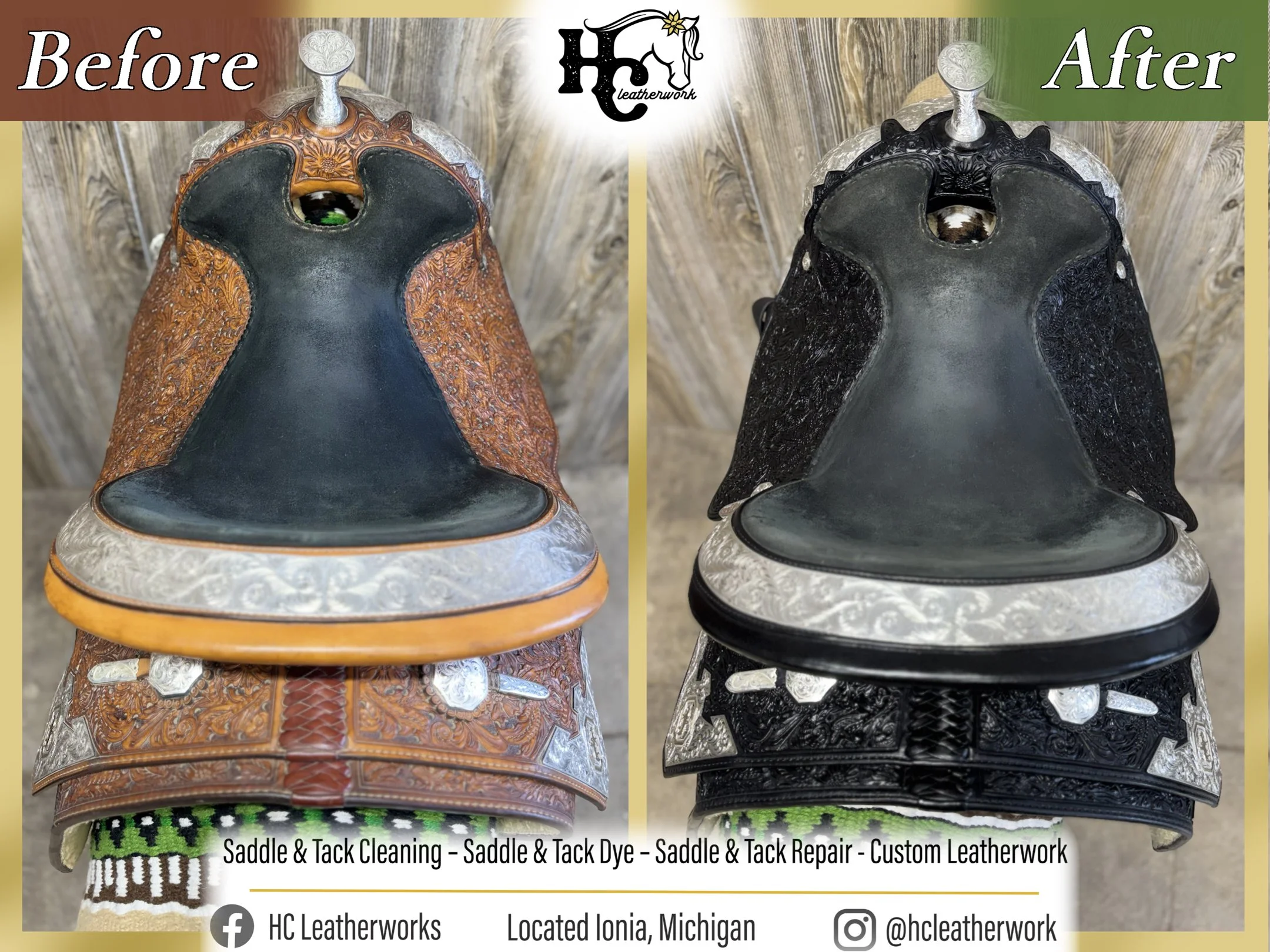 Before and after images of a leather saddle showing the results of saddle and tack cleaning, dyeing, repair, and custom leatherwork. The left side shows a saddle before cleaning and dyeing, with detailed embossing and a shiny finish. The right side s