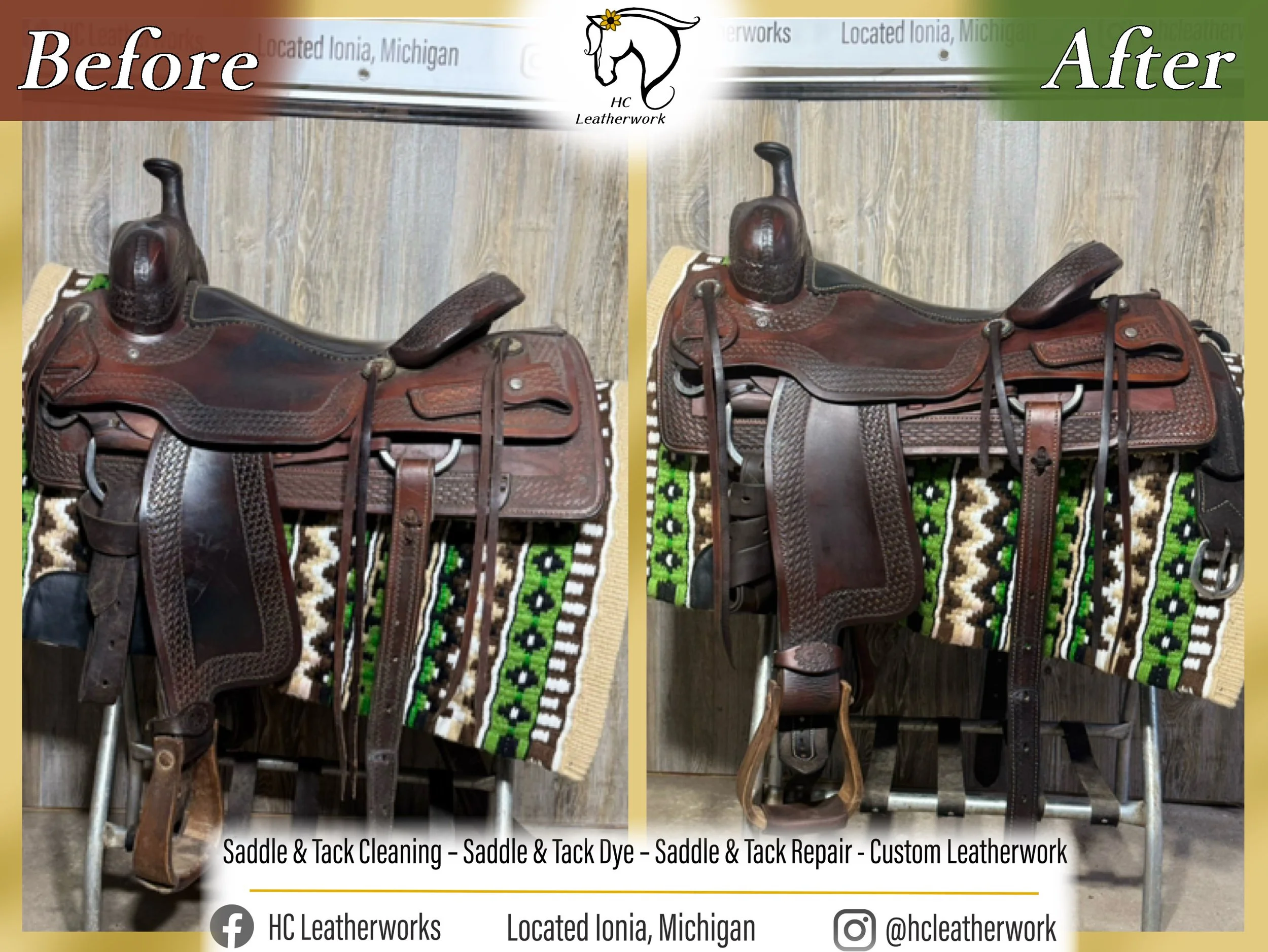 Before and after images of a leather saddle, showing cleaning, dyeing, and repair work. The saddle is brown with intricate stitching, placed on a patterned cloth with a wooden background.