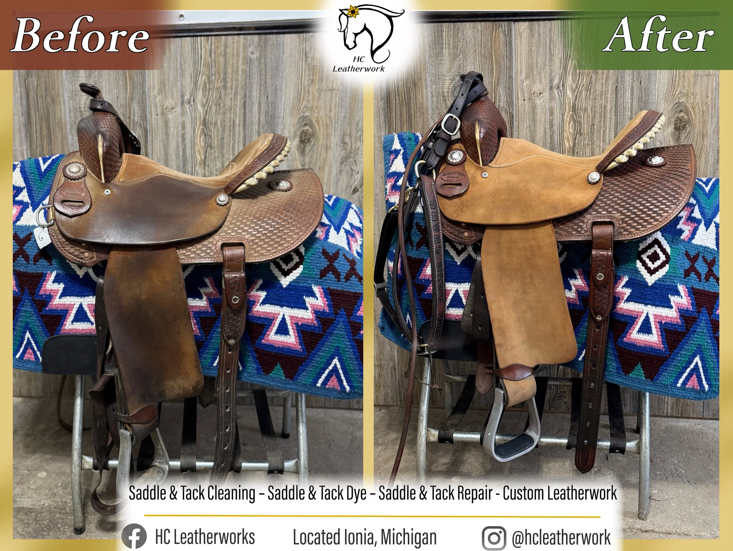 Before and after images of a leather saddle showing the results of saddle and tack cleaning, dyeing, and repair by HC Leatherwork. The saddle's surface is smooth and renewed after the restoration process.