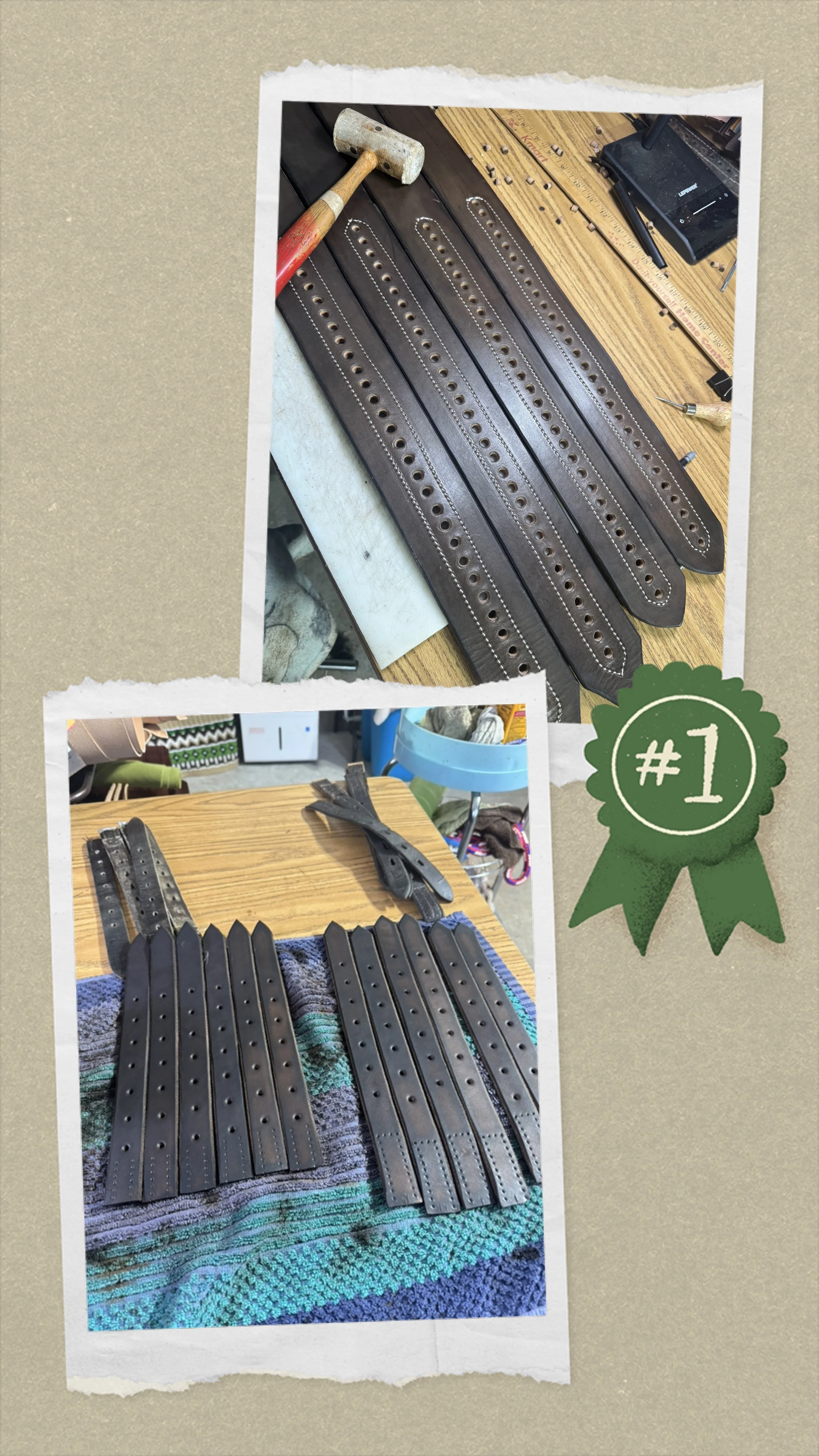 Part of a workbench with four leather straps with perforations and stitching, a hammer, and other tools. Another photograph shows black leather pieces with rivets and tools on a towel.