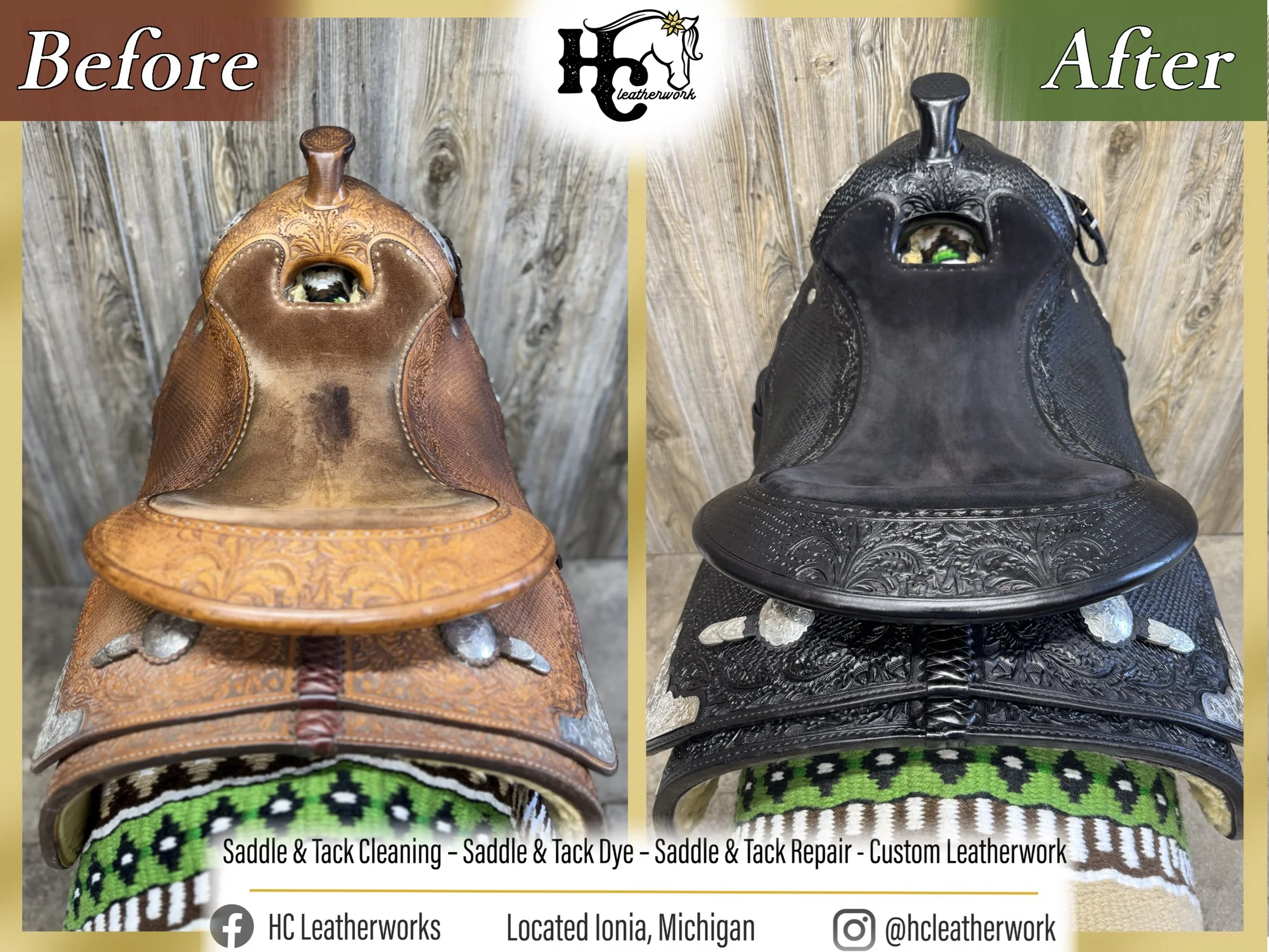 Comparison photo showing a leather saddle before cleaning, dyeing, and repair on the left, and after on the right, with decorative outlining and a dark finish.