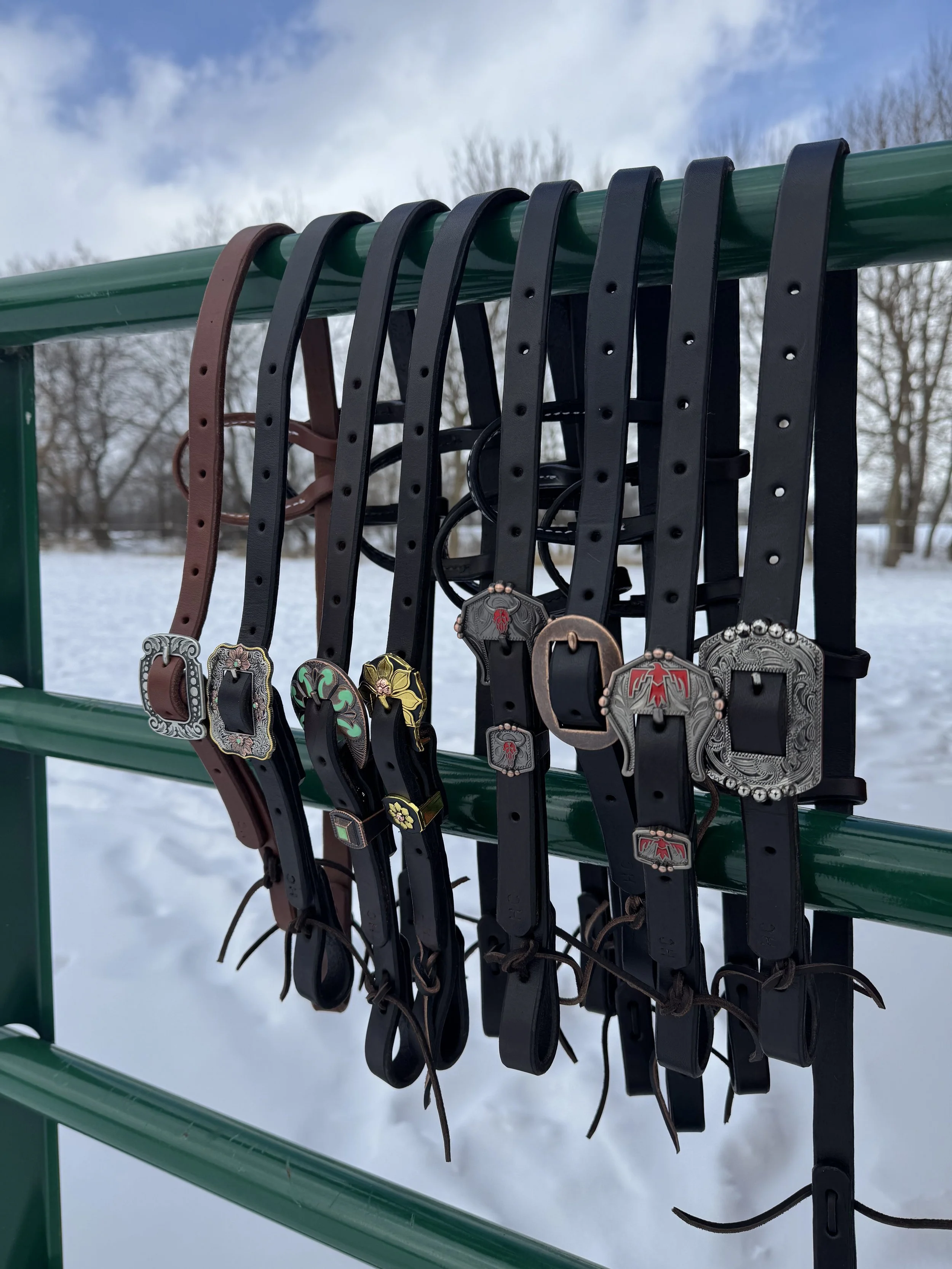 Outdoor display of various belts hanging on a green metal rack, with snow on the ground and leafless trees in the background.