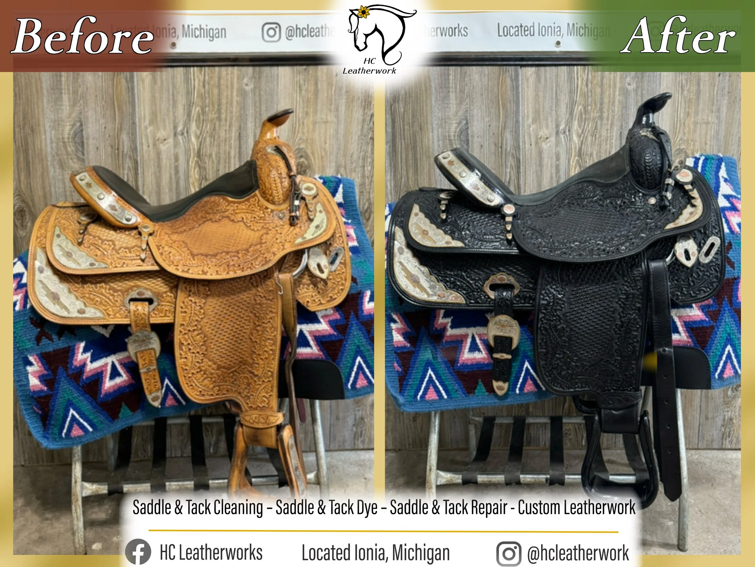 Comparison of two leather saddles, one before cleaning and dyeing and one after cleaning, dyeing, and repair, displayed on chairs against a wooden backdrop with patterned cloth underneath.