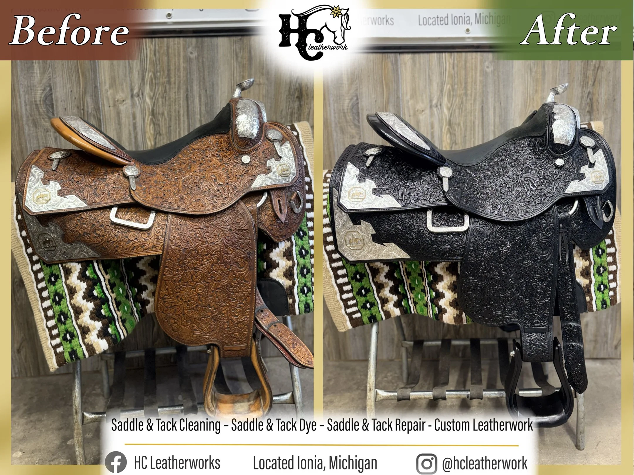 Comparison of a saddle before and after cleaning and dyeing, showing a brown saddle on the left and a black saddle on the right, both resting on a patterned textile with a wooden background.