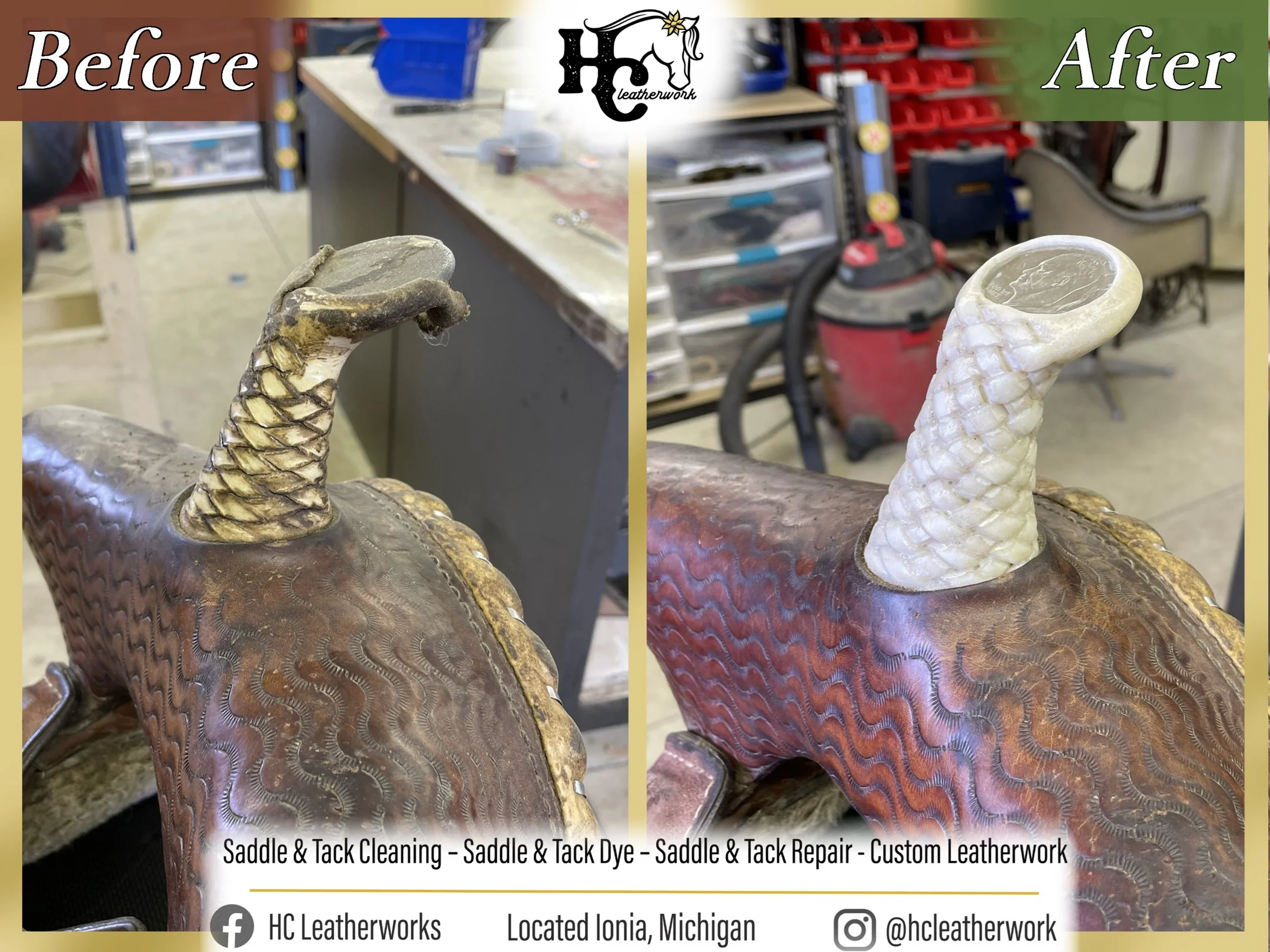 Comparison of a leather saddle before and after cleaning and dyeing. The left side shows the saddle in a dirty, worn condition, while the right side shows it restored with a clean, vibrant finish.
