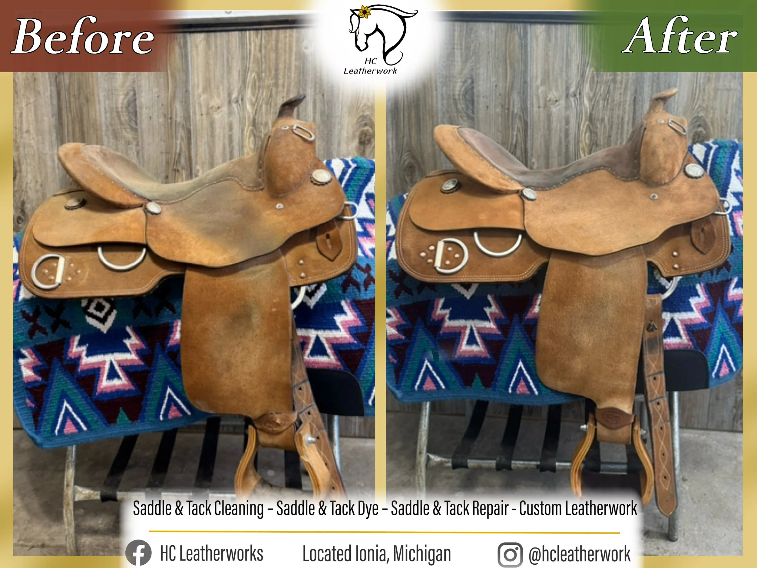 Comparison photo showing a leather horse saddle before and after cleaning, dyeing, and repair, with branding for HC Leatherwork and contact details for a leatherwork business.