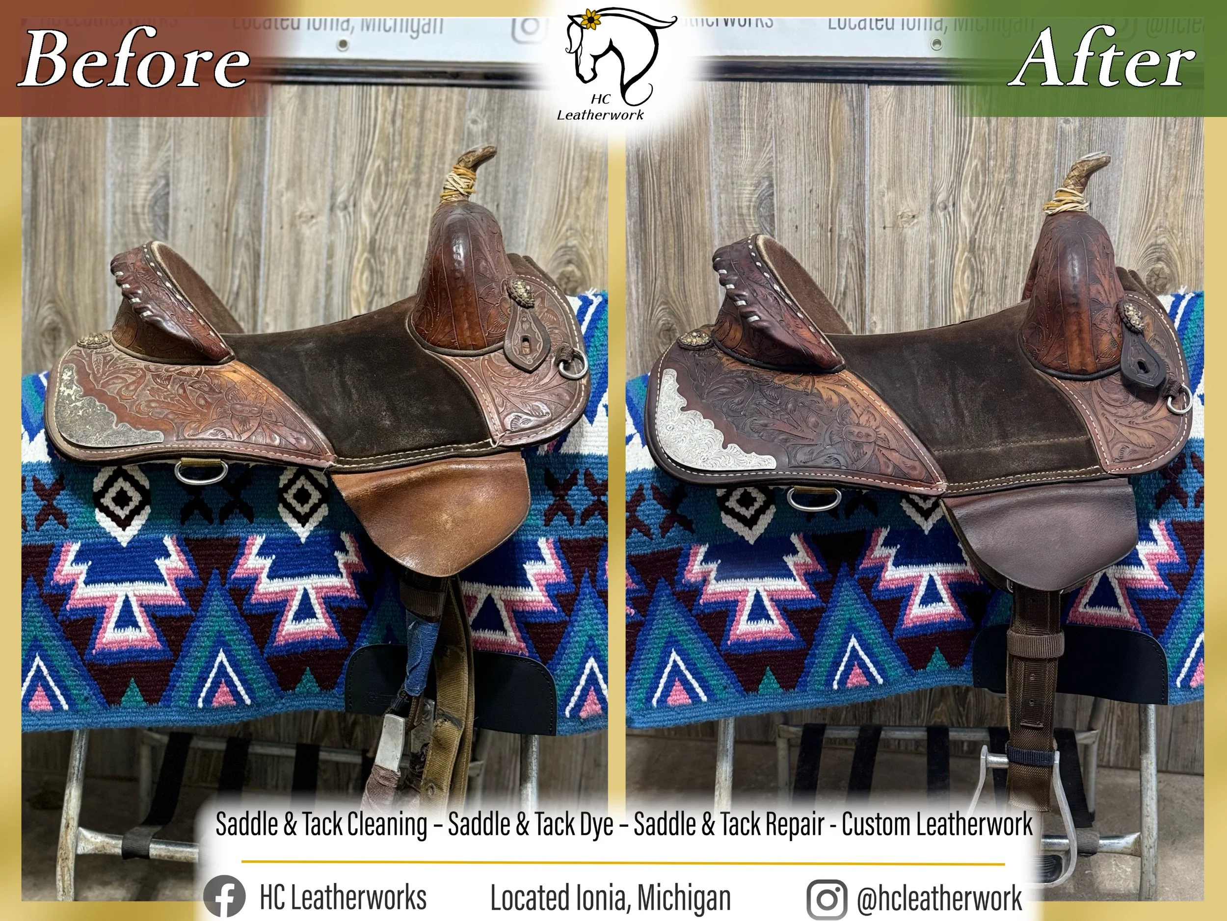 Side-by-side comparison of a western style saddle. The left side labeled 'Before' shows the saddle in a worn and faded condition. The right side labeled 'After' shows the same saddle refurbished with a new, polished appearance. The background feature