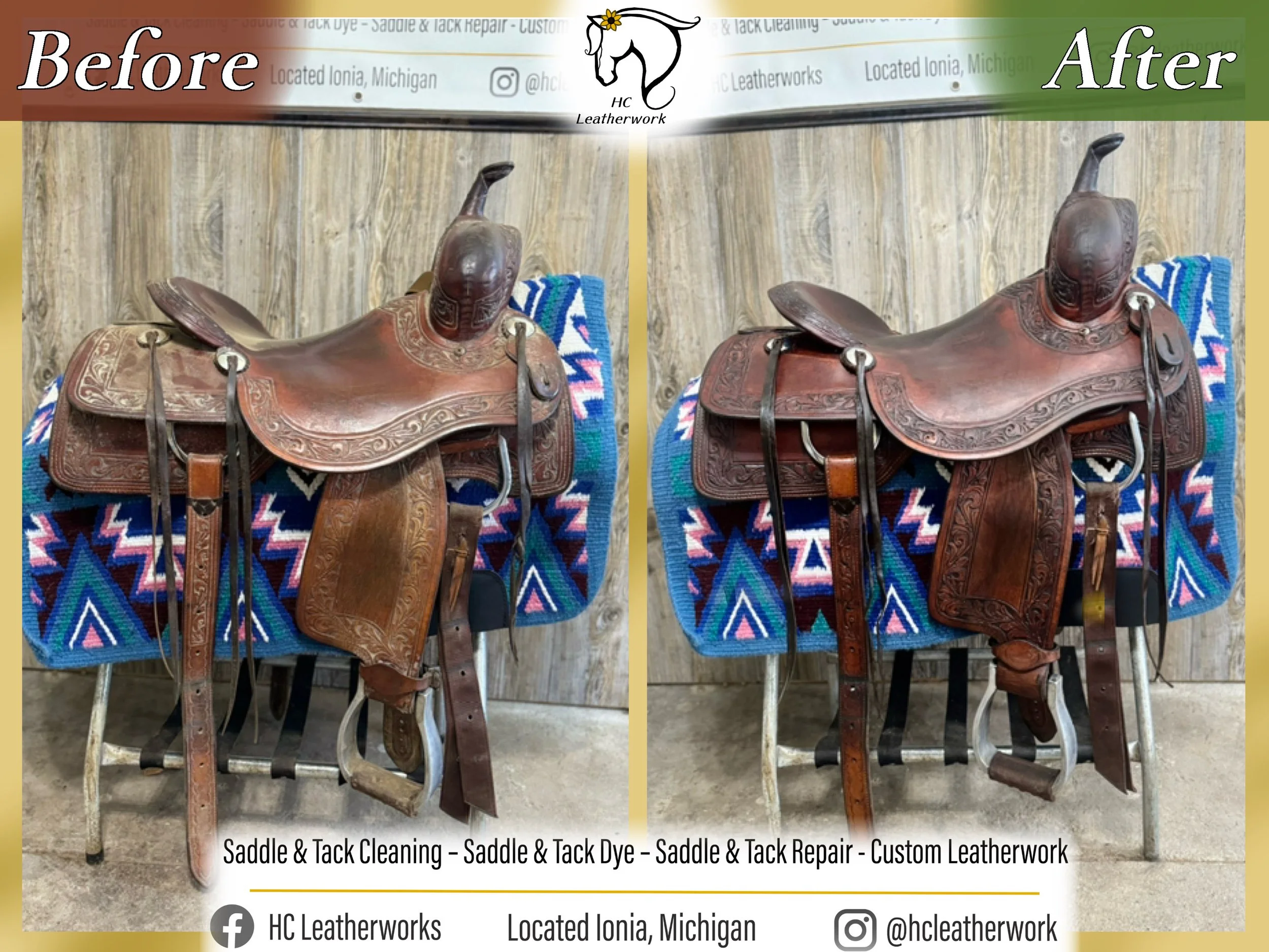 Comparison of two saddle models, labeled "Before" and "After," on a wooden background with a colorful woven textile behind. The saddle appears to have been cleaned and repaired in the "After" image.