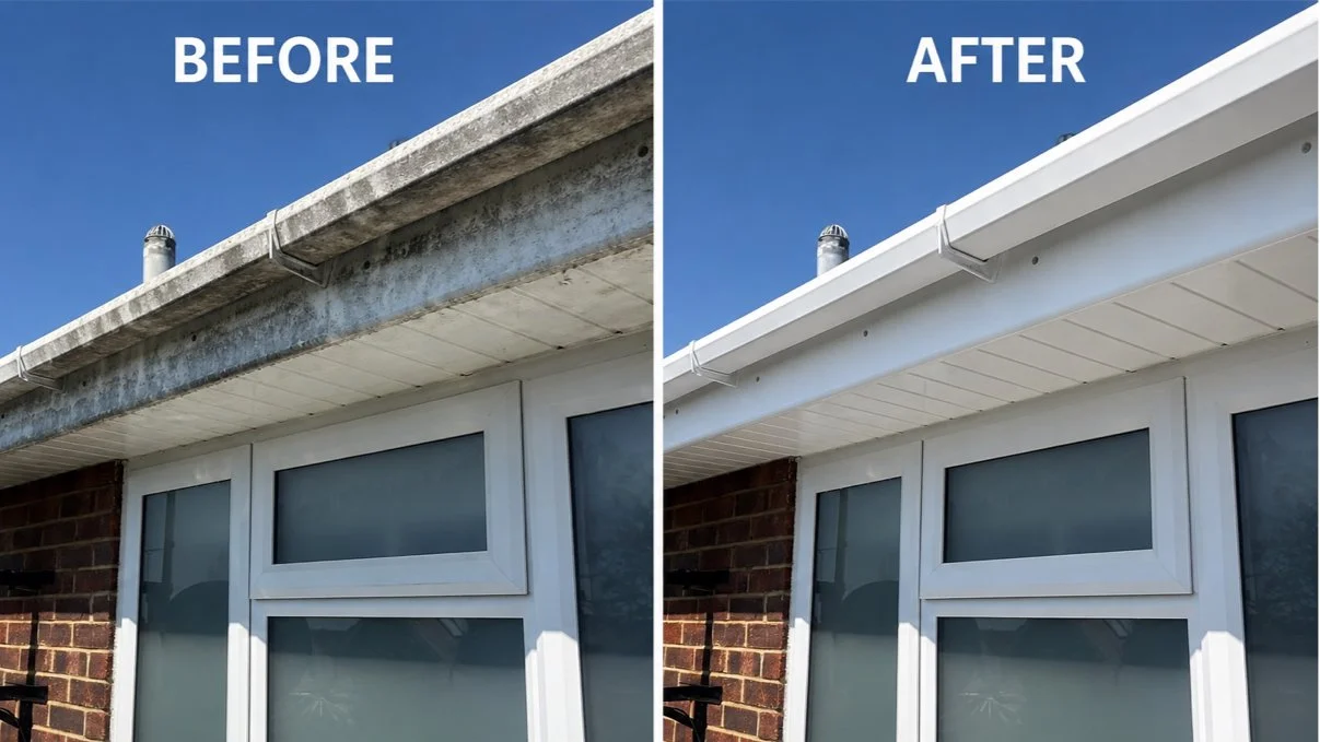 Comparison image showing dirty and clean gutter on a house roof, with a 'Before' label on the left and an 'After' label on the right.