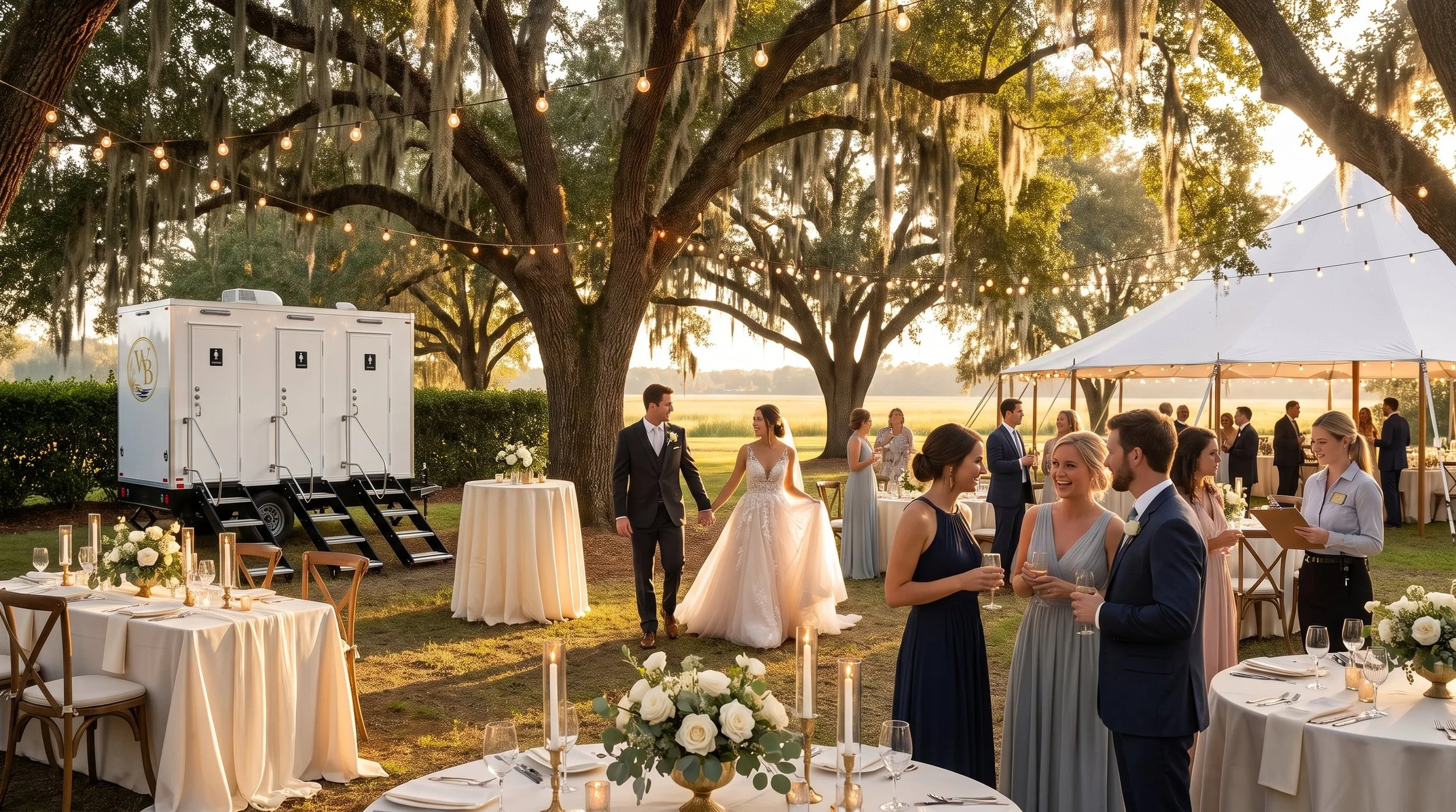Luxury restroom trailer set up at an outdoor wedding in Johnston County, North Carolina.