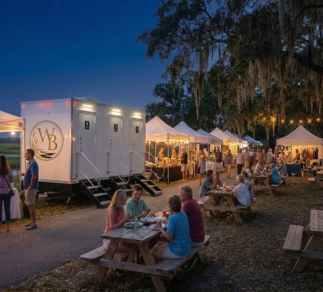 Outdoor evening market with food stalls and white tents, people sitting at picnic tables, for a South Carolina private event