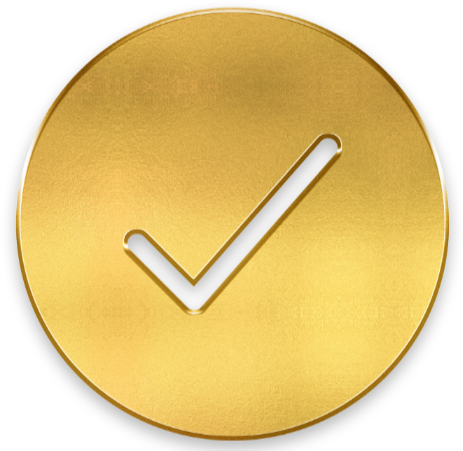 Gold circular badge with a black checkmark in the center.