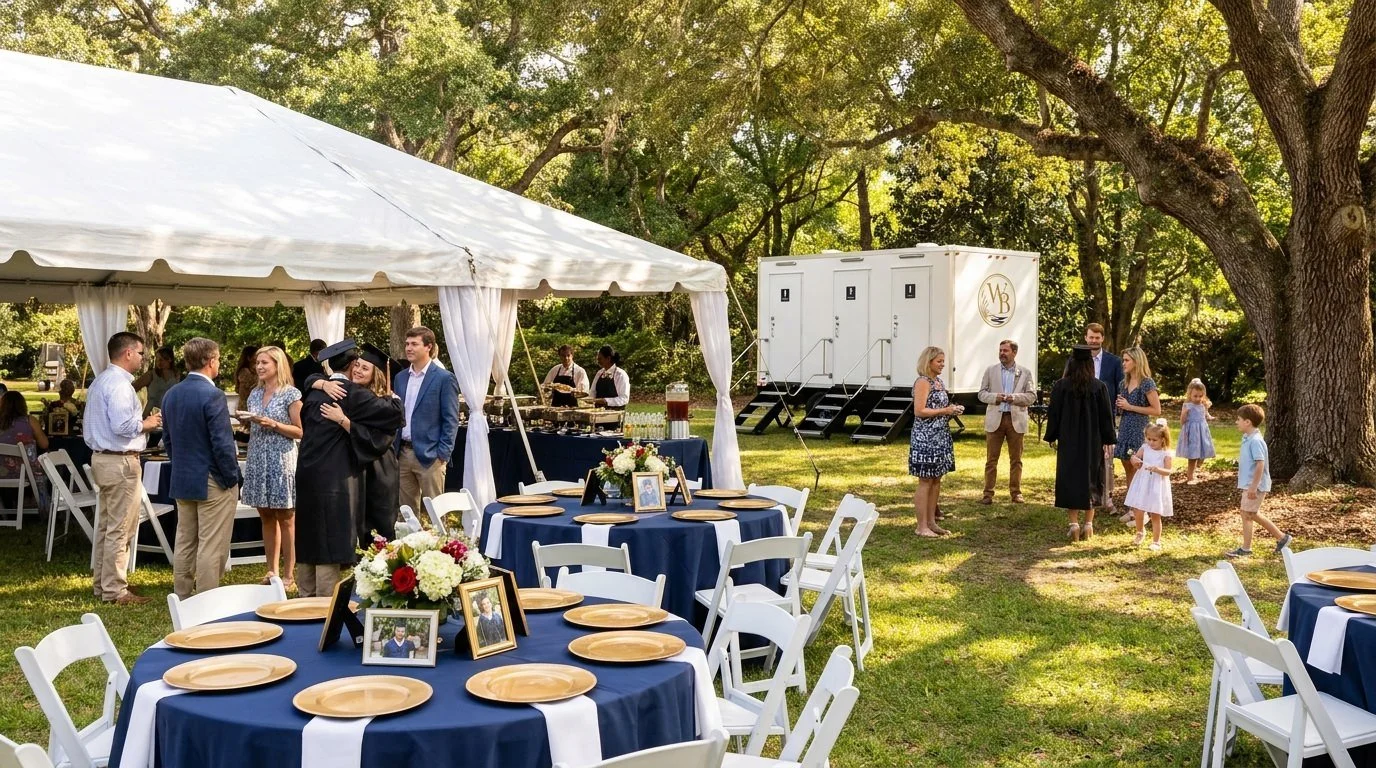 Outdoor graduation event set up with luxury restroom trailer rental for a South Carolina private event