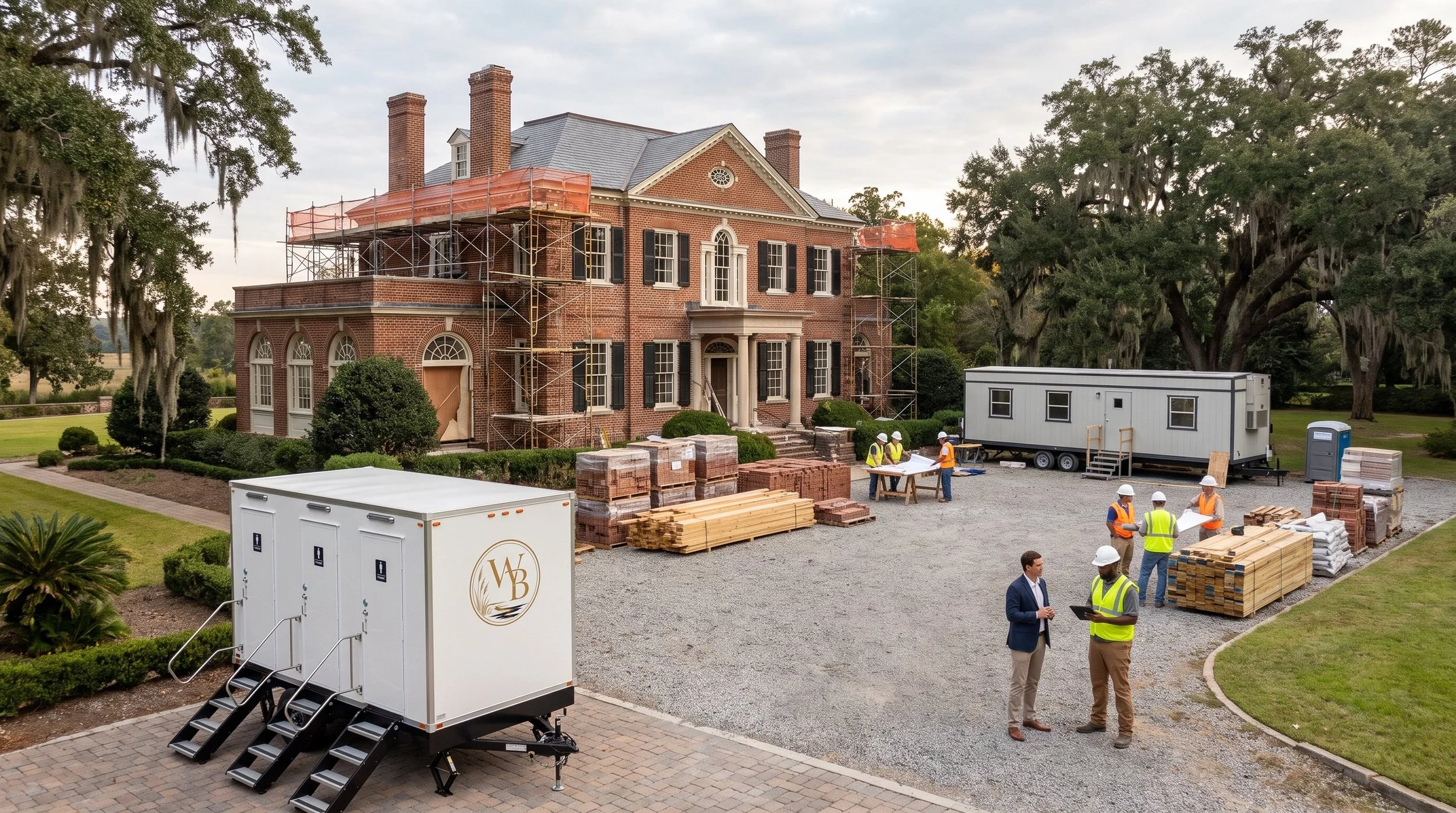 Construction workers in safety gear working in front of a large brick mansion with scaffolding, construction materials, portable toilets, and a trailer on a gravel driveway, surrounded by trees and landscaped lawns at a South Carolina construction si