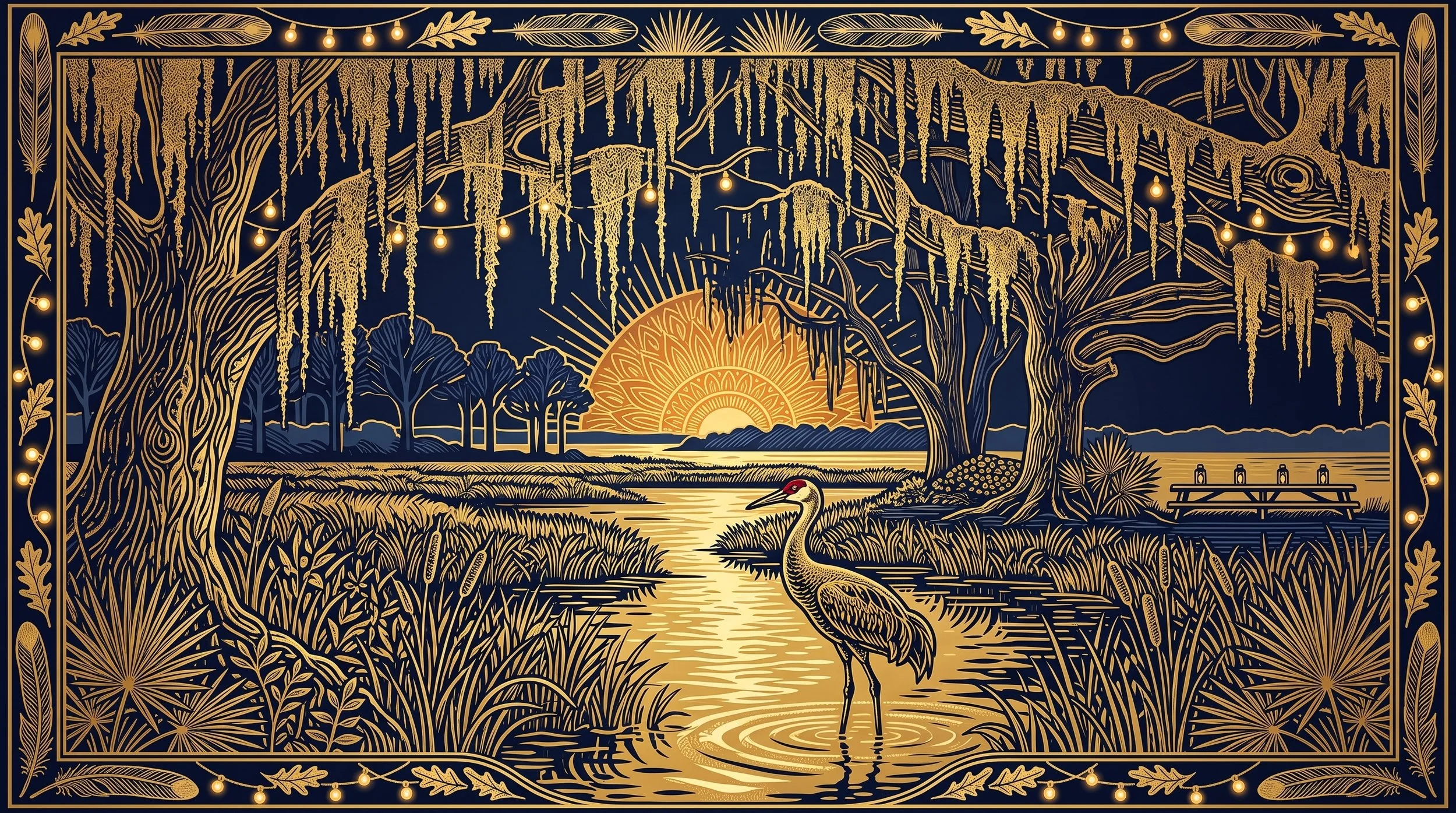 A decorative illustration of a natural landscape at sunrise, featuring a swan in a body of water, tall trees with hanging moss, bushes, a picnic table with bottles, and a border with leaves and feathers in gold and navy colors restroom trailer rental