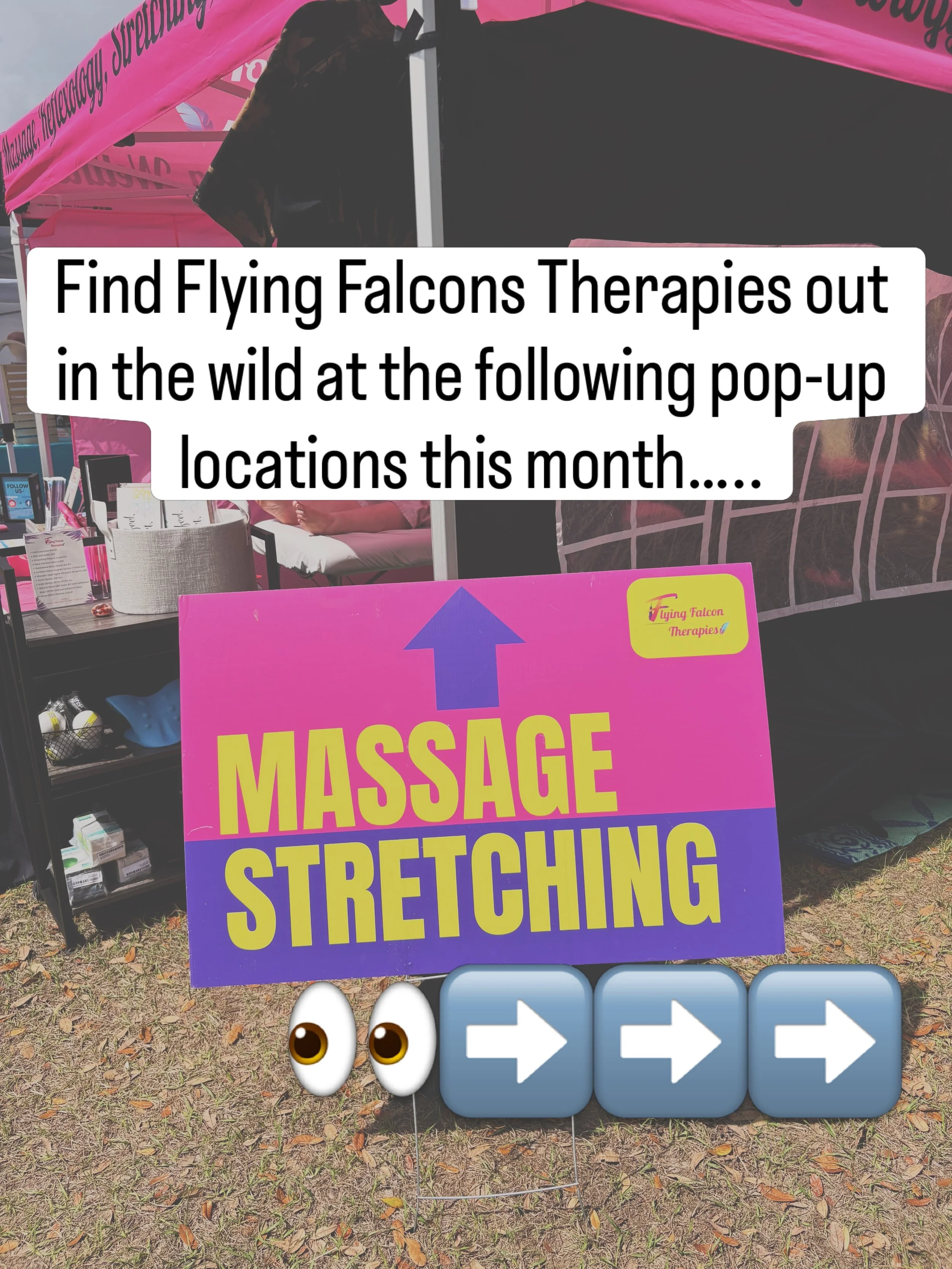 Here is our line-up for the rest of the month. October starts the holiday season and we have Sooooo many events the next few months. So if you want a Saturday massage appointment please book it now to make sure we are not out in the field at your des