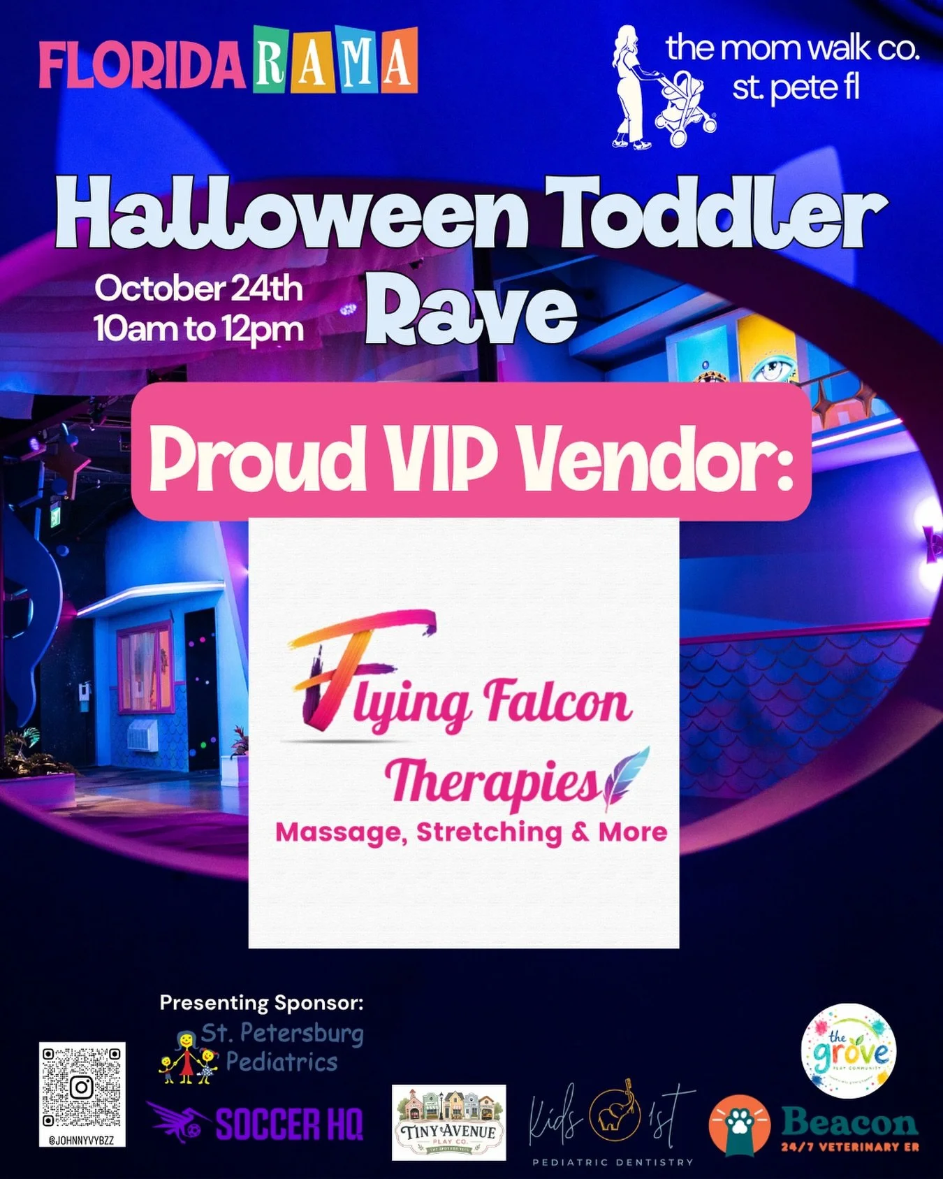 Super excited to announce that @flyingfalcontherapies will be the official VIP Massage Vendor for the @themomwalkco.stpete Halloween Toddler Rave held at @thefactorystpete on October 24th from 10am-12pm. 

Free mini massages for the VIP guests (first