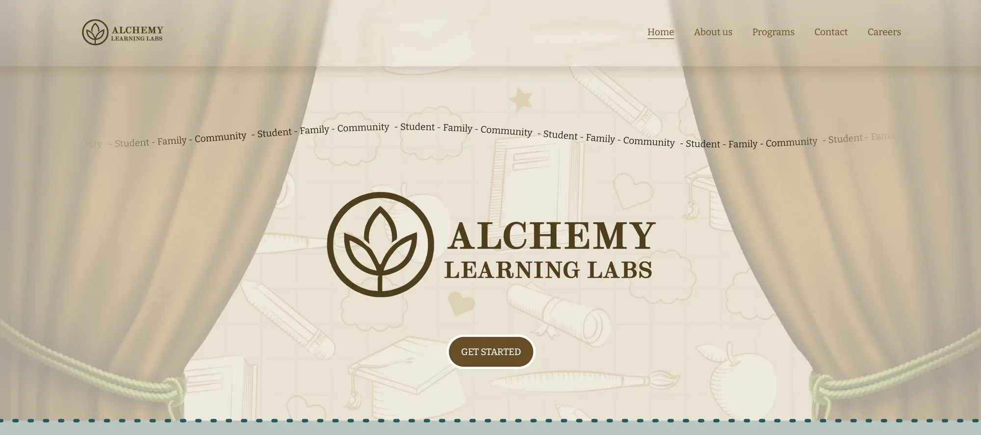 Alchemy Learning Labs website homepage featuring a logo with a leaf inside a circle, a navigation menu including Home, About us, Programs, Contact, Careers, and a "Get Started" button, with a background illustration of educational and creative objects behind curtains.