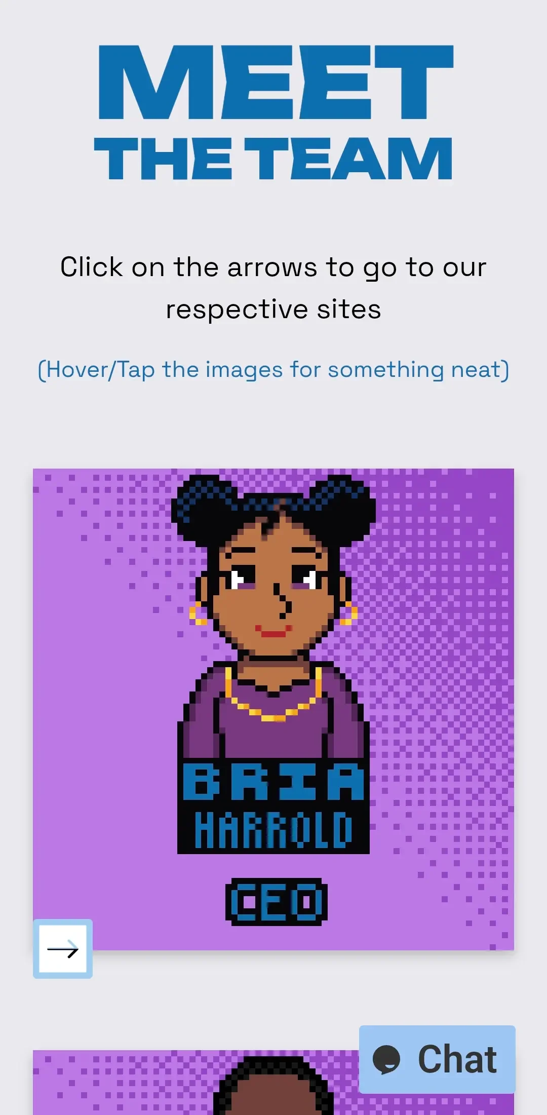 Pixel art avatar of a woman with dark hair in two buns, wearing purple top, gold earrings, and gold necklace, with the text 'BRIA HAROLD CEO' below her, set against a purple background with pixelated dots.