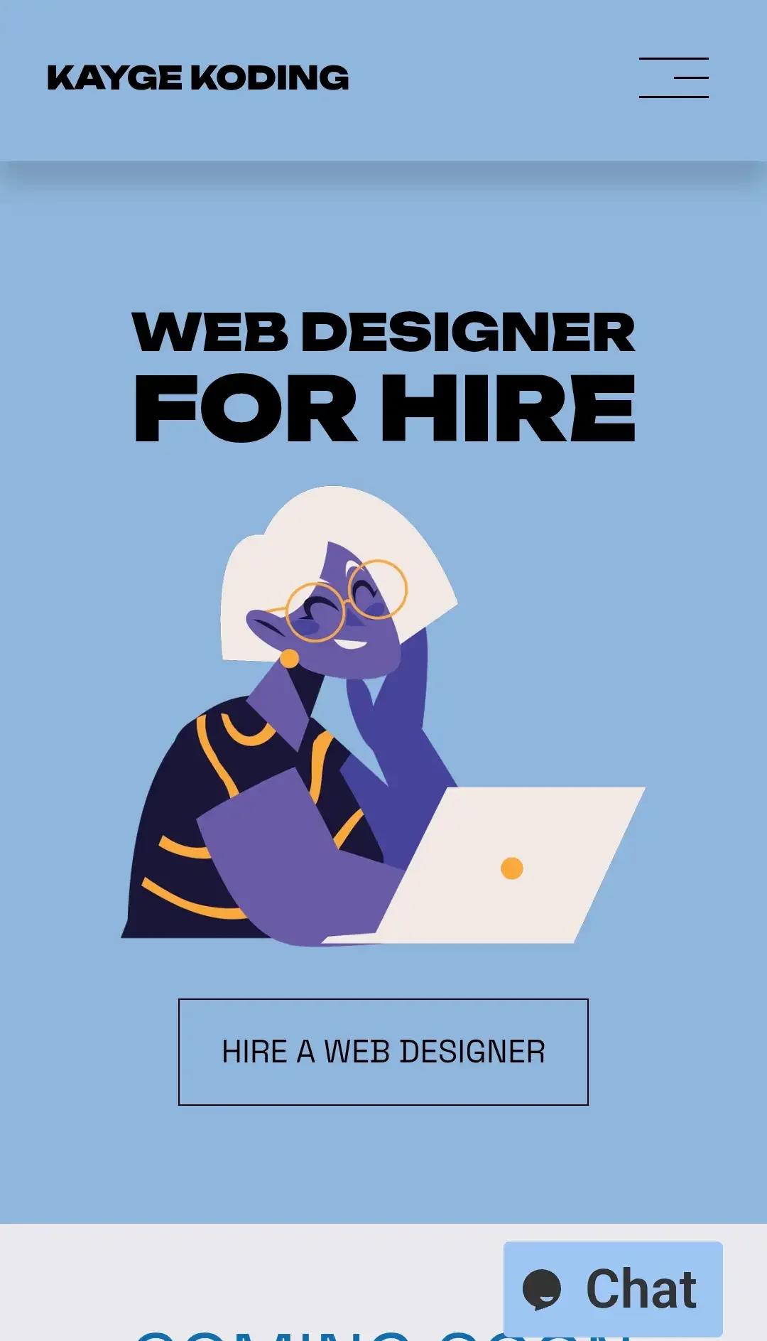 A webpage with a blue background and black text that reads 'KAYGE KODING' at the top left. A hamburger menu icon is at the top right. The main headline says 'WEB DESIGNER FOR HIRE' with an illustration of a woman with white hair, glasses, and a black and yellow striped shirt, sitting at a laptop and smiling.