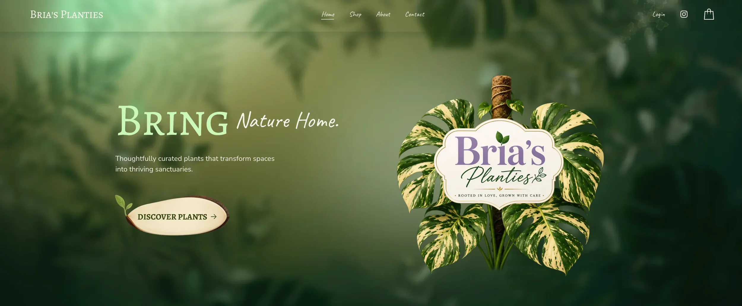 Website homepage for Bria's Planties featuring a large green and yellow variegated pothos plant and text that reads 'Bring Nature Home' with a button labeled 'Discover Plants'.