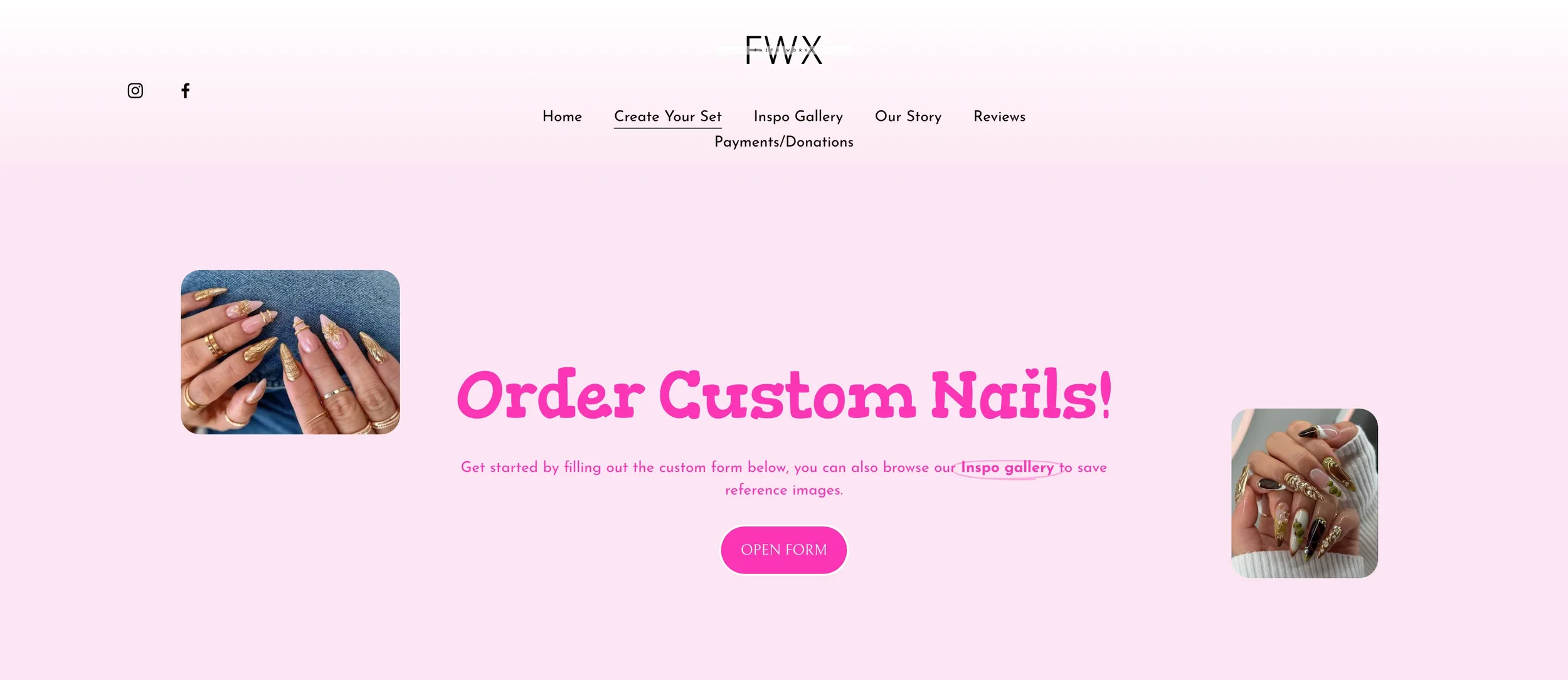 A webpage promoting custom nail orders featuring images of decorated nails, with pink background, text that says 'Order Custom Nails!', and a pink 'Open Form' button.