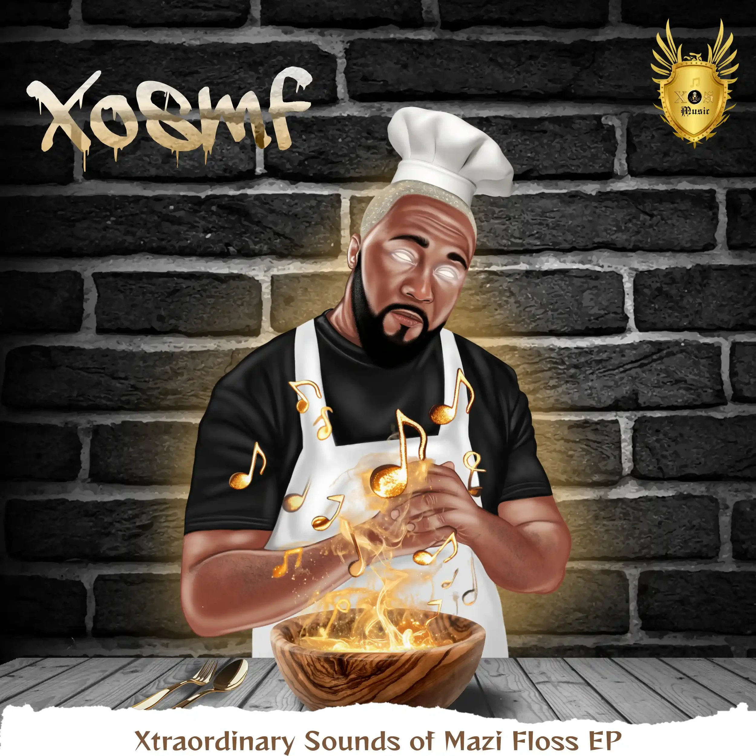 An illustration of a man with closed eyes wearing a chef's hat, holding a spoon over a wooden bowl with glowing musical notes, set against a dark brick wall background. The image promotes the album titled 'Xtr extraordinary Sounds of Mazi Floss EP'.
