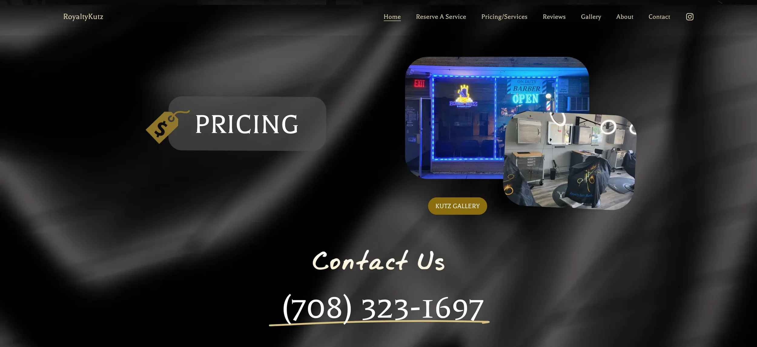 Screenshot of a hairstyling website homepage featuring a dark background, with tabs for Home, Reserve A Service, Pricing/Services, Reviews, Gallery, About, and Contact. The page displays the business name RoyaltyKutz, with a large