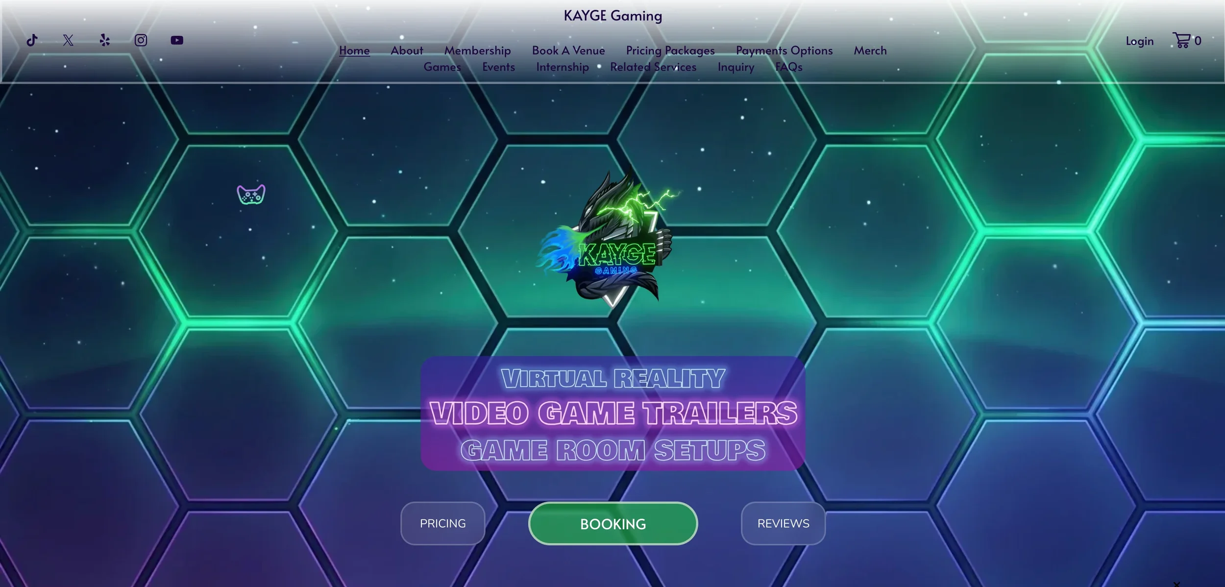 Website homepage for Kayge Gaming featuring a cosmic hexagon grid background, a dragon logo with green lightning effects, and menu options for virtual reality, video game trailers, and game room setups.