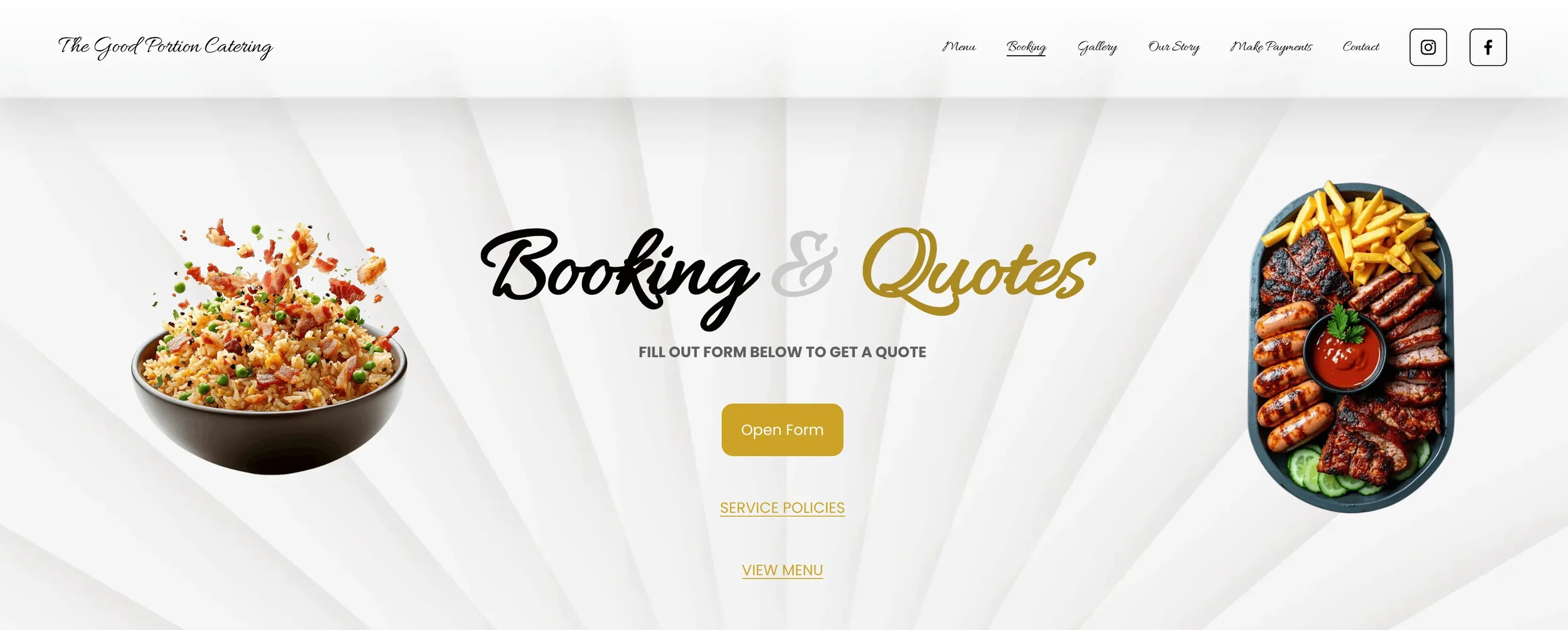 Website homepage for The Good Portion Catering, featuring images of seasoned rice and a platter with grilled meats, French fries, and dipping sauce.