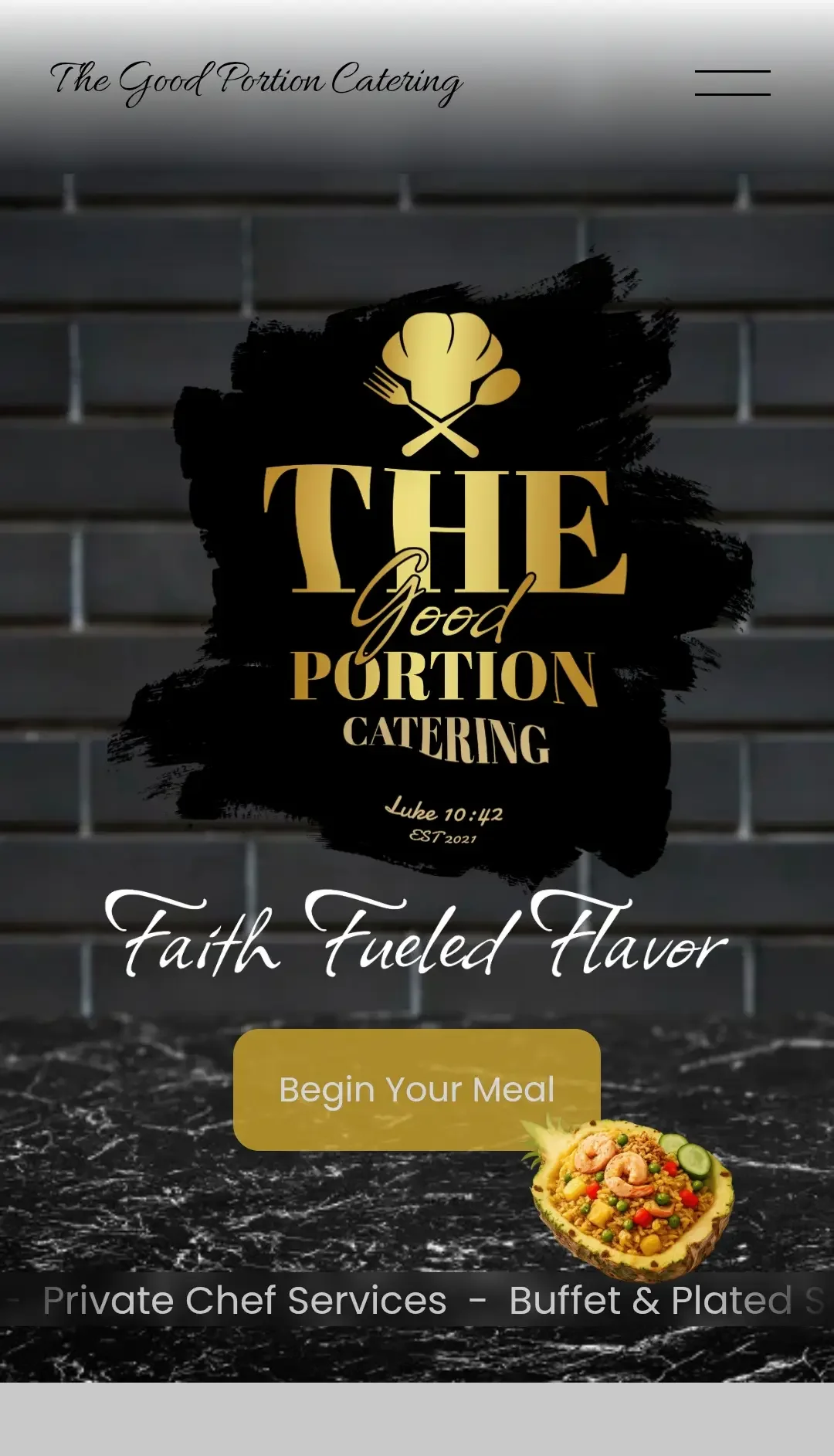 Menu for The Good Portion Catering featuring a black background with gold and white text, a chef's hat, fork, and spoon graphic, and a colorful seafood salad image with the phrase "Faith Fueled Flavor" at the bottom.