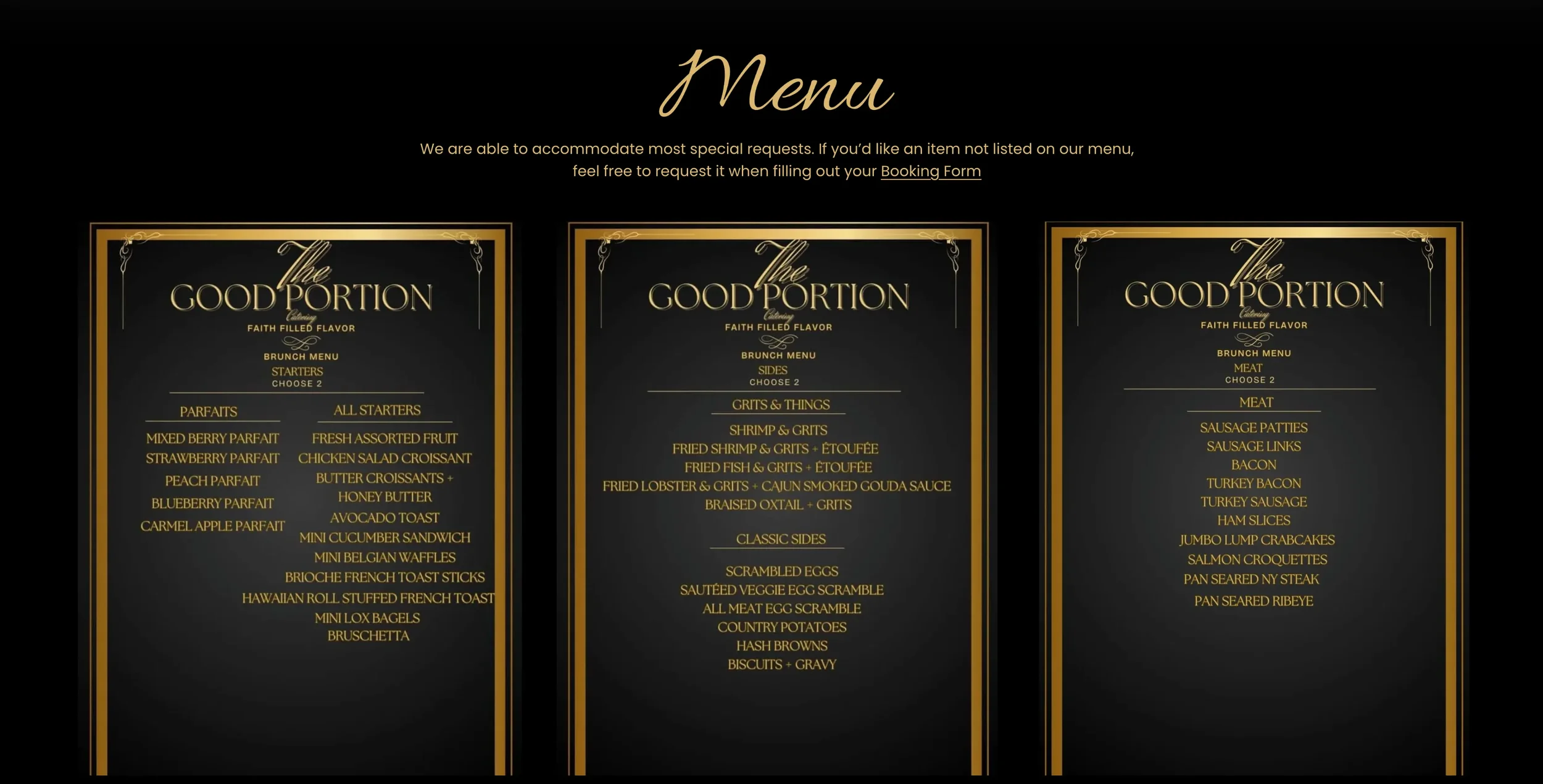 Dark menu screen with gold borders featuring three sections of text listing food items and categories for a restaurant.