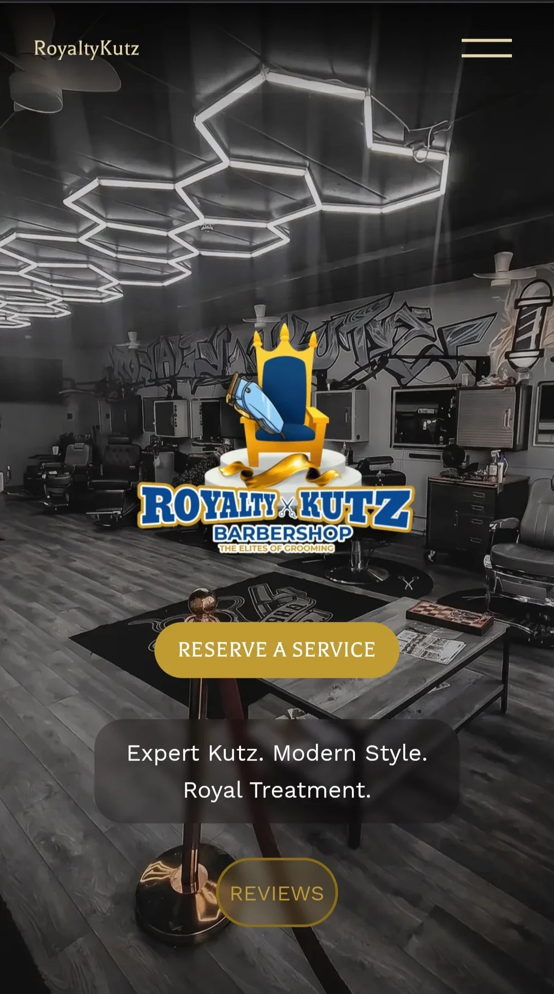 Interior of a modern barbershop with multiple barber chairs, wall art, and neon ceiling lights. There is a logo for 'Royalty Kutz Barbershop' with a crown and barber tools, and a yellow button labeled 'Reserve a Service'.