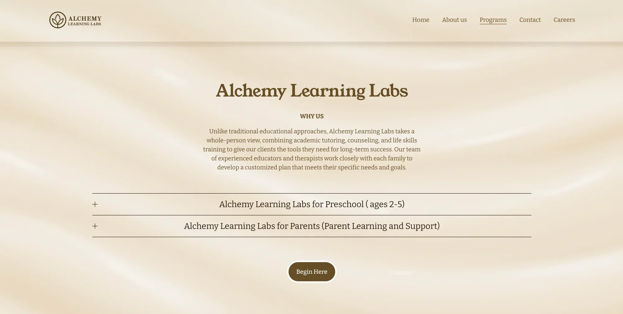 Screenshot of the homepage for Alchemy Learning Labs, featuring a beige-toned background, a logo with a leaf and circle, navigation menu with Home, About us, Programs, Contact, Careers, large heading reading 'Alchemy Learning Labs,' and sections about programs for preschool and parent support with a 'Begin Here' button.