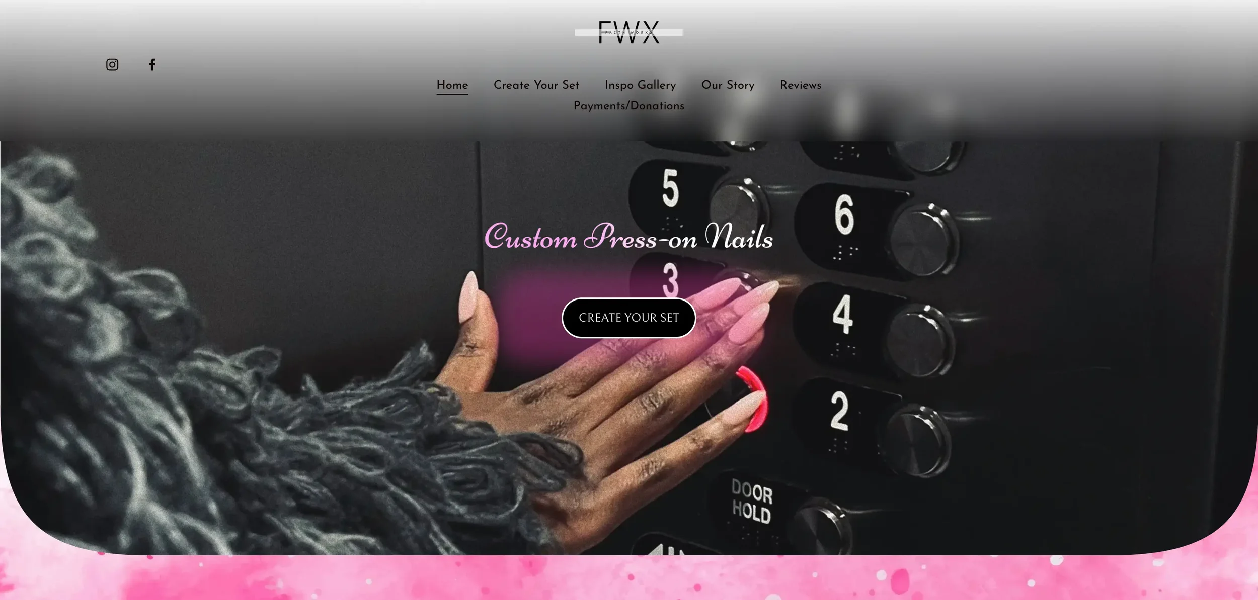 A website landing page for a custom press-on nails business, featuring a hand with pink nails pressing a button on an elevator control panel