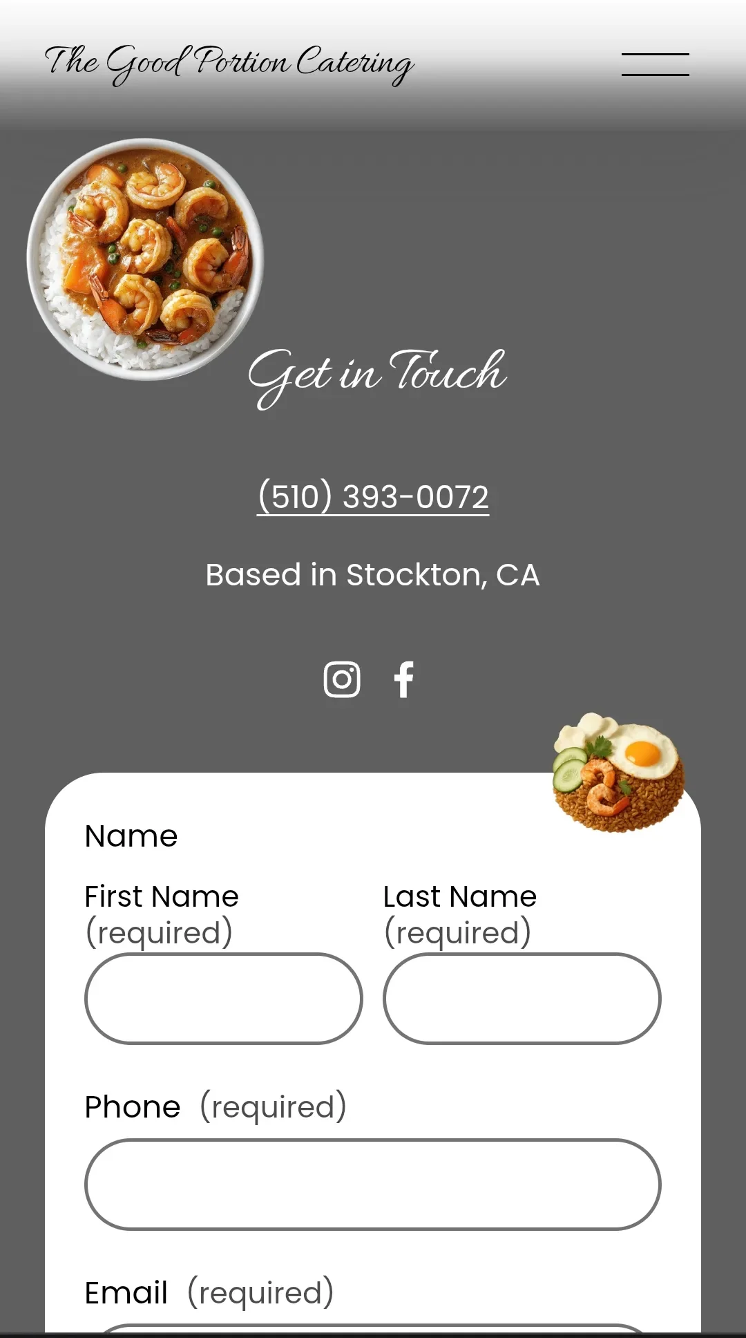 Business flyer featuring a bowl of shrimp with rice and a small decorative dish with a fried egg, cucumber slices, and shrimp. Title reads 'The Good Portion Catering', with contact information, social media icons, and a contact form with fields for name, phone, and email.