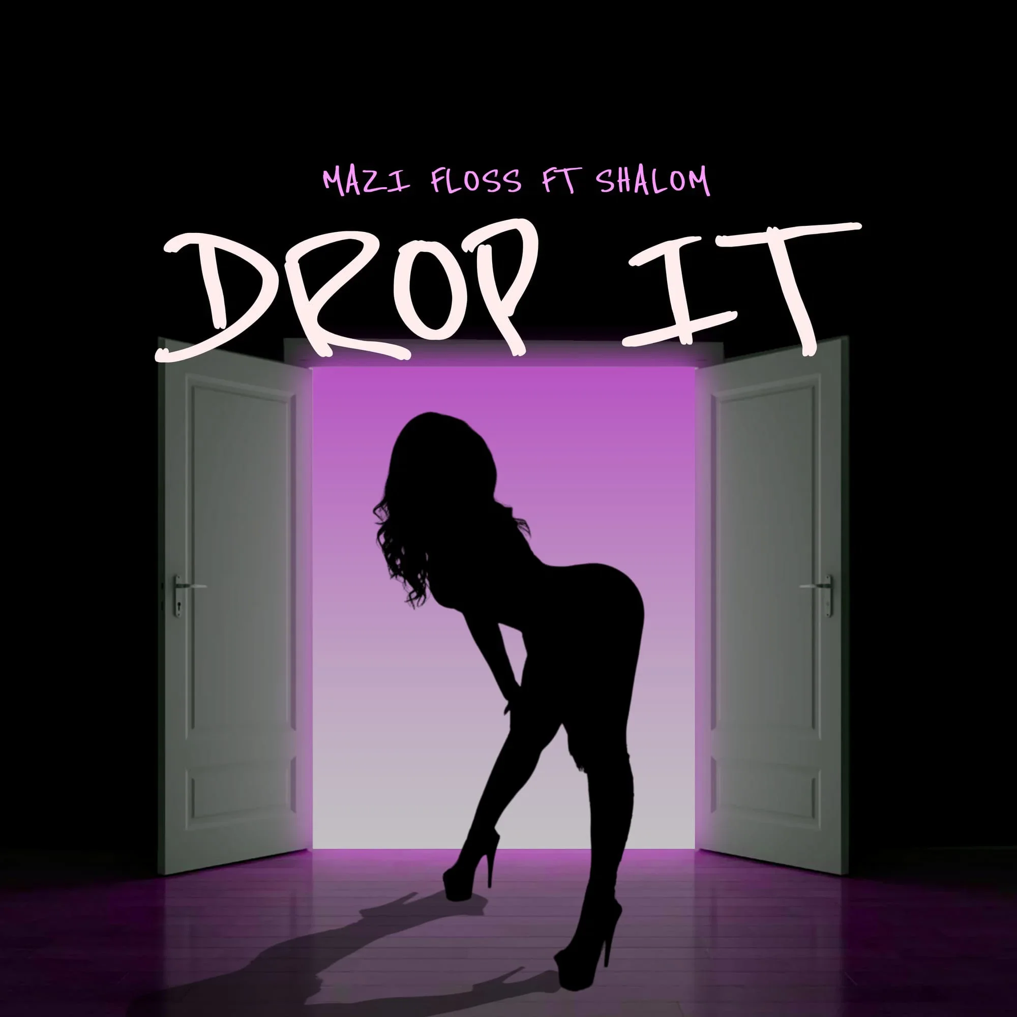 Silhouette of a woman in high heels standing near an open door with purple neon lighting, casting shadows on a wooden floor.