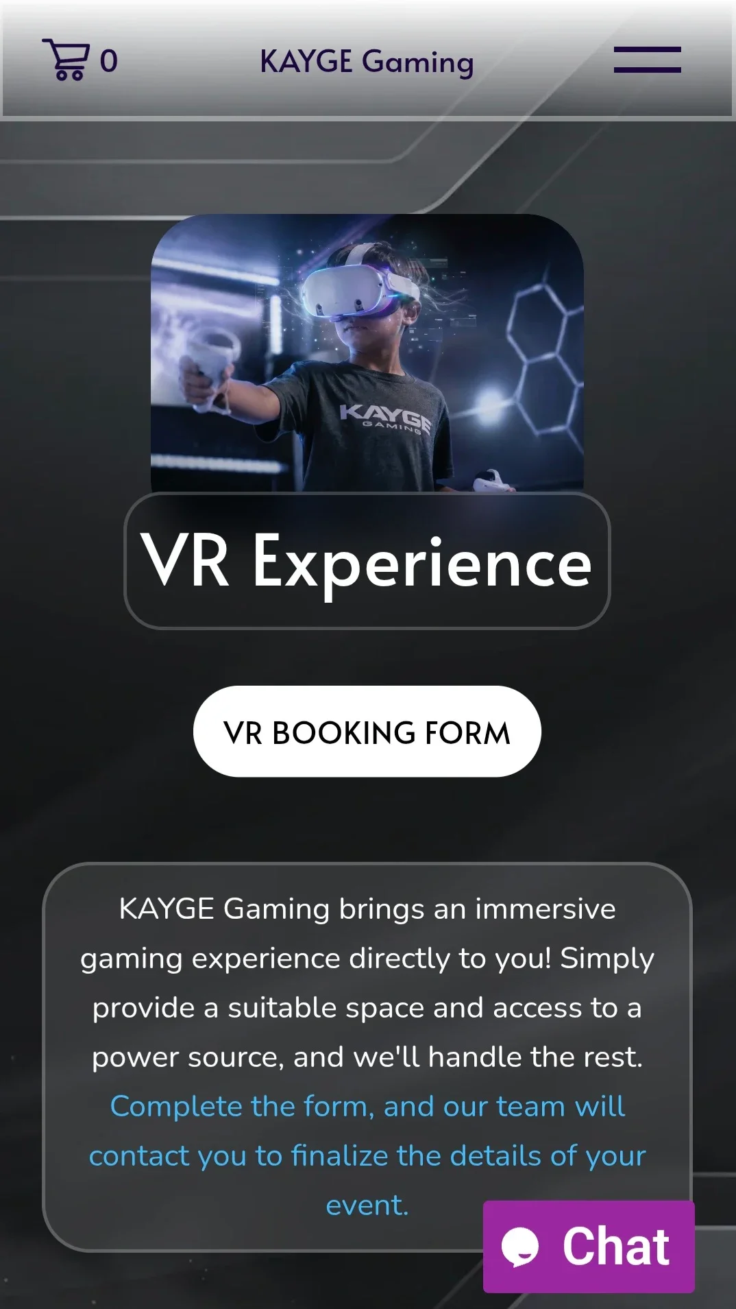 A promotional webpage for KAYGE Gaming's VR experience, featuring a child wearing a VR headset and holding controllers, with a button for booking and a description of the event.