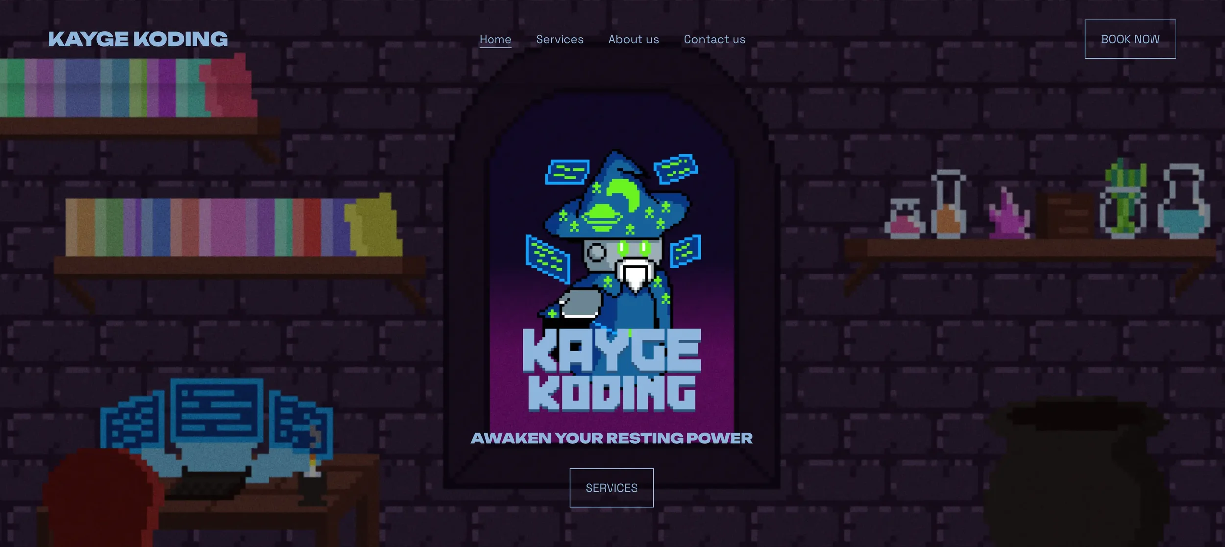 Pixel art style website homepage showing a wizard character with glowing green eyes and a starry hat, surrounded by floating screens, with shelves of books and science equipment against a brick wall in the background.