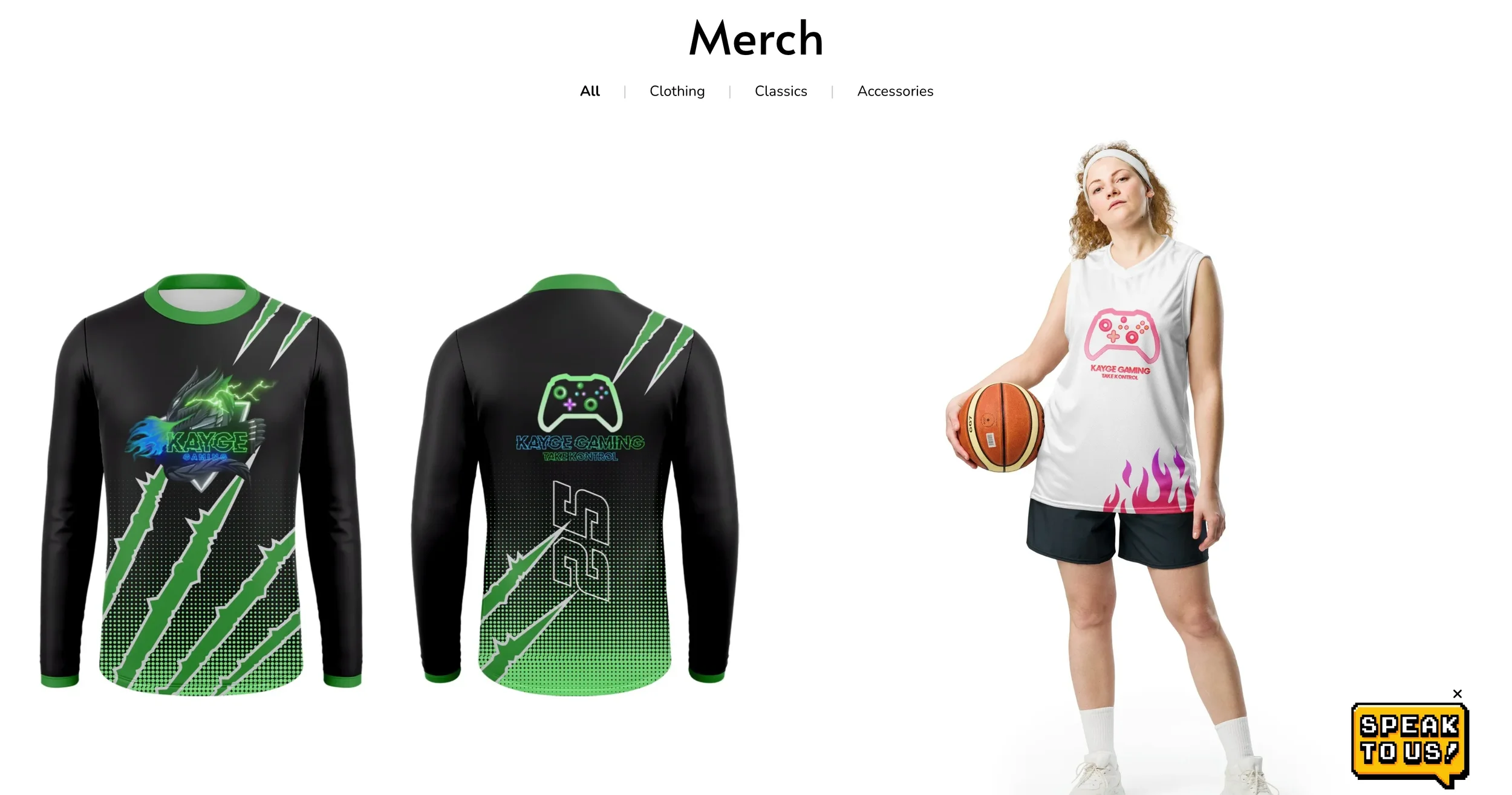 A young woman in athletic attire holding a basketball, wearing a white tank top with a pink gaming controller logo and flame graphics, standing next to three gaming merchandise jerseys with matching logos and designs.