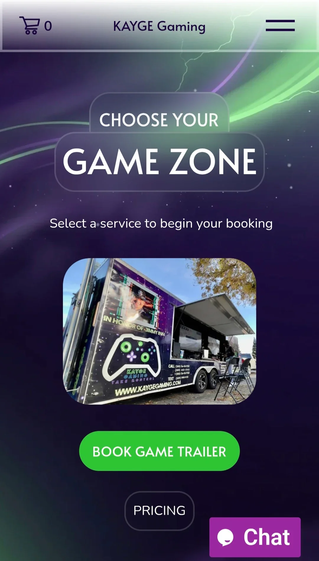 Mobile app screen with the title 'Choose Your Game Zone' and a section inviting users to select a service to begin booking, featuring an image of a gaming trailer with colorful branding and contact information, and buttons for booking a game trailer, pricing, and chat.