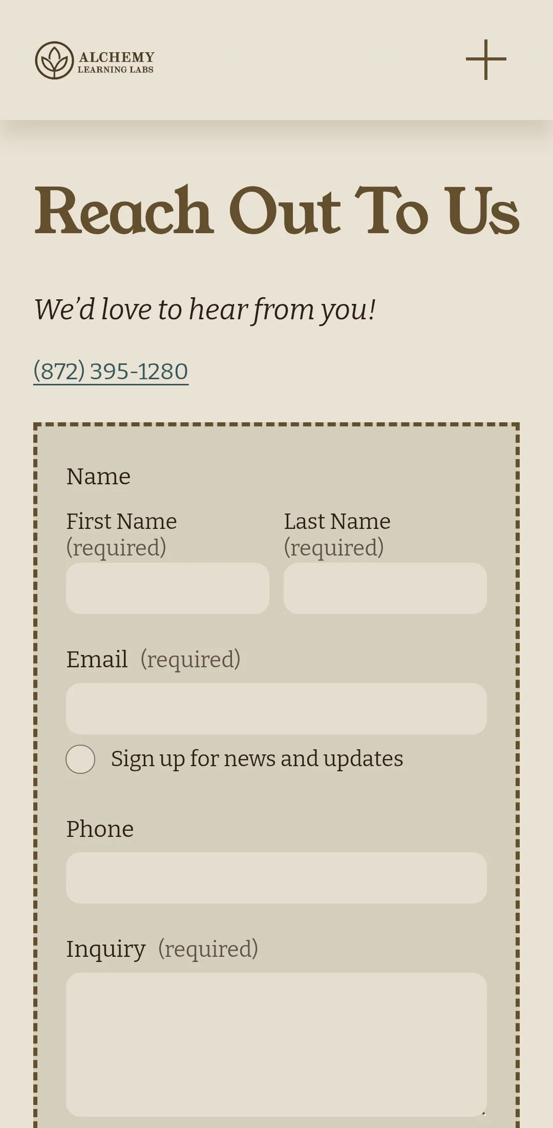 A contact form with the title 'Reach Out To Us' on a beige background. Includes fields for name, email, phone, and inquiry, with a sign-up checkbox and a phone number at the top. The logo of Alchemy Learning Labs with a plant icon is in the upper left corner.