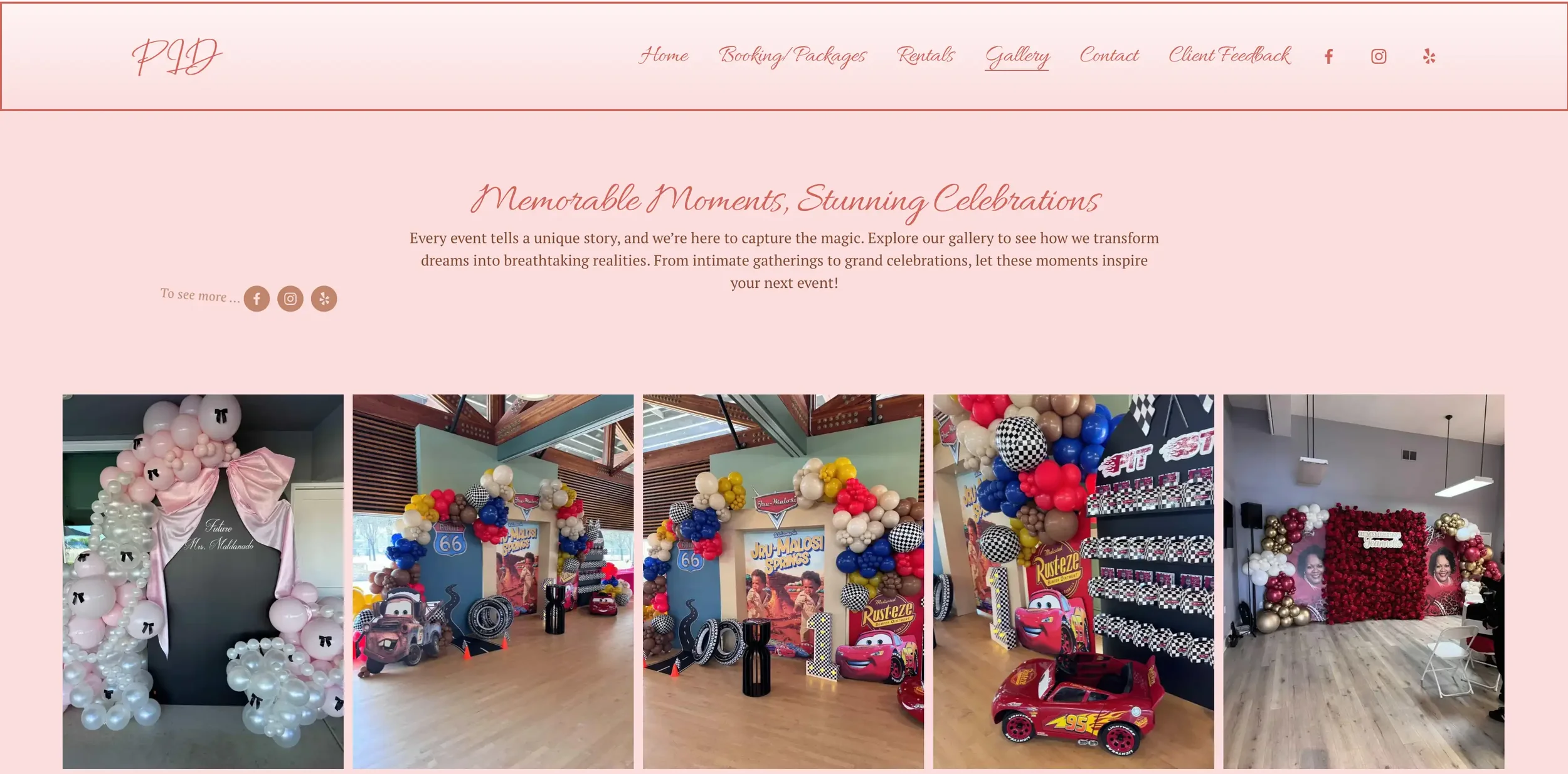 A website homepage with a pink background, featuring a balloon arch and decorations for a celebration or event. The images showcase various balloon arrangements and themed party decorations, including vehicles and characters from animated movies.