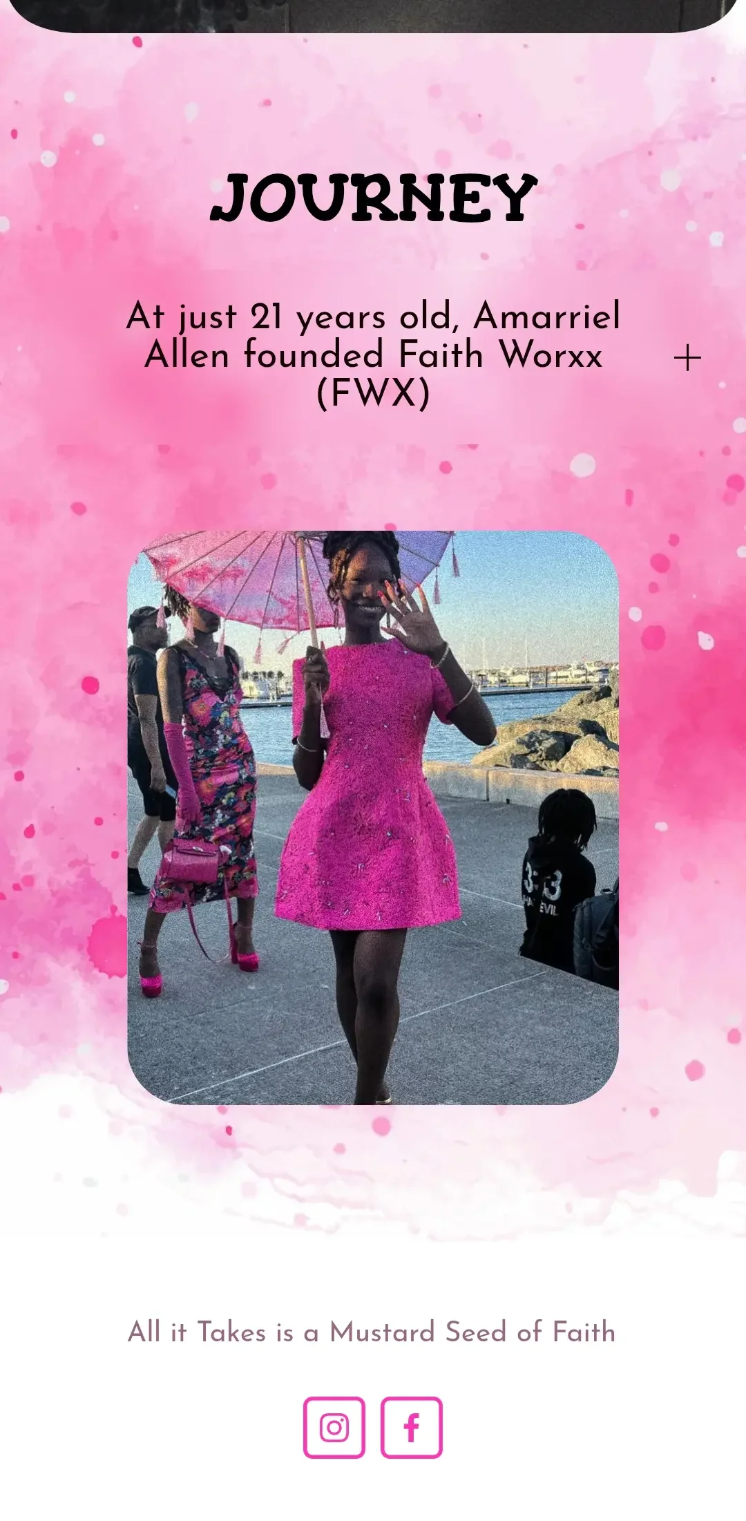 A woman in a bright pink dress holding a pink umbrella near a waterfront, with several other people in the background.