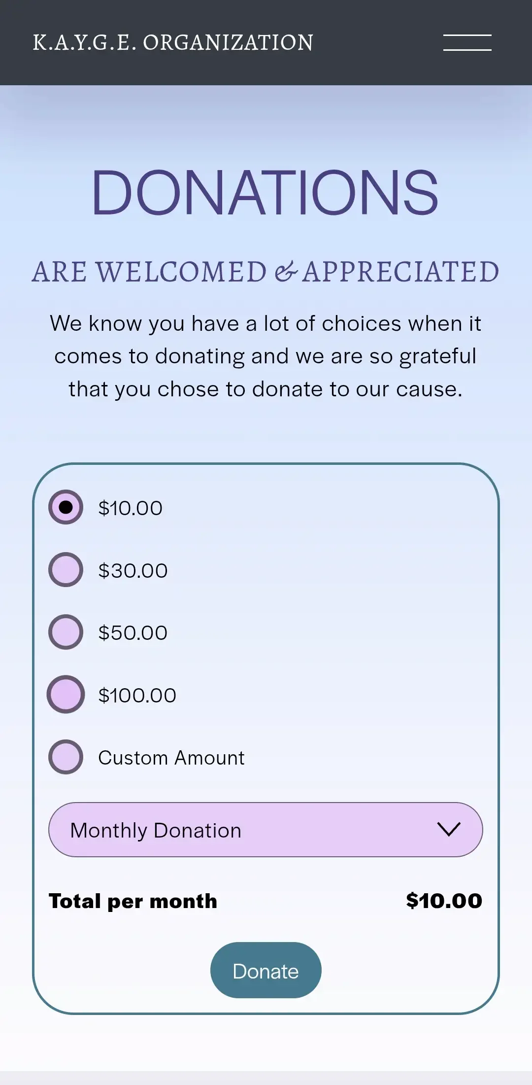 Donation form from K.A.Y.G.E. Organization showing options for donations of $10, $30, $50, $100, or custom amount, with a total of $10 and a 'Donate' button.
