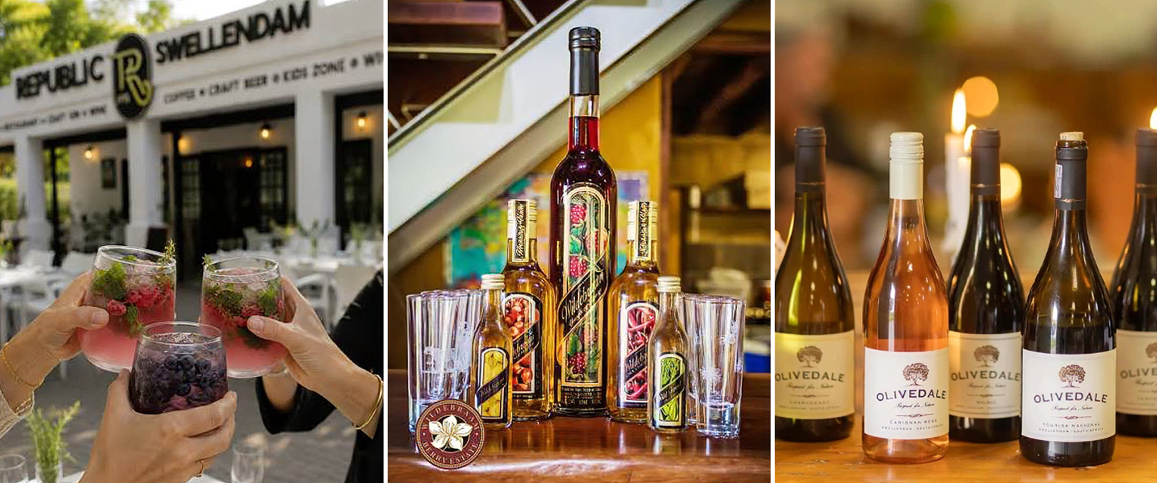 Olivedale wine on a table, Republic Gin and Wildbraam liqueurs.