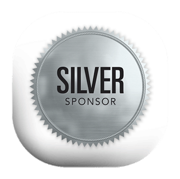 Silver sponsor badge with a shiny metallic background and a serrated edge.