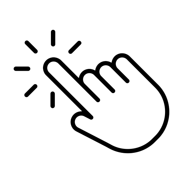 A stylized white hand with the index finger extended, pressing a button with radiating lines indicating tapping.